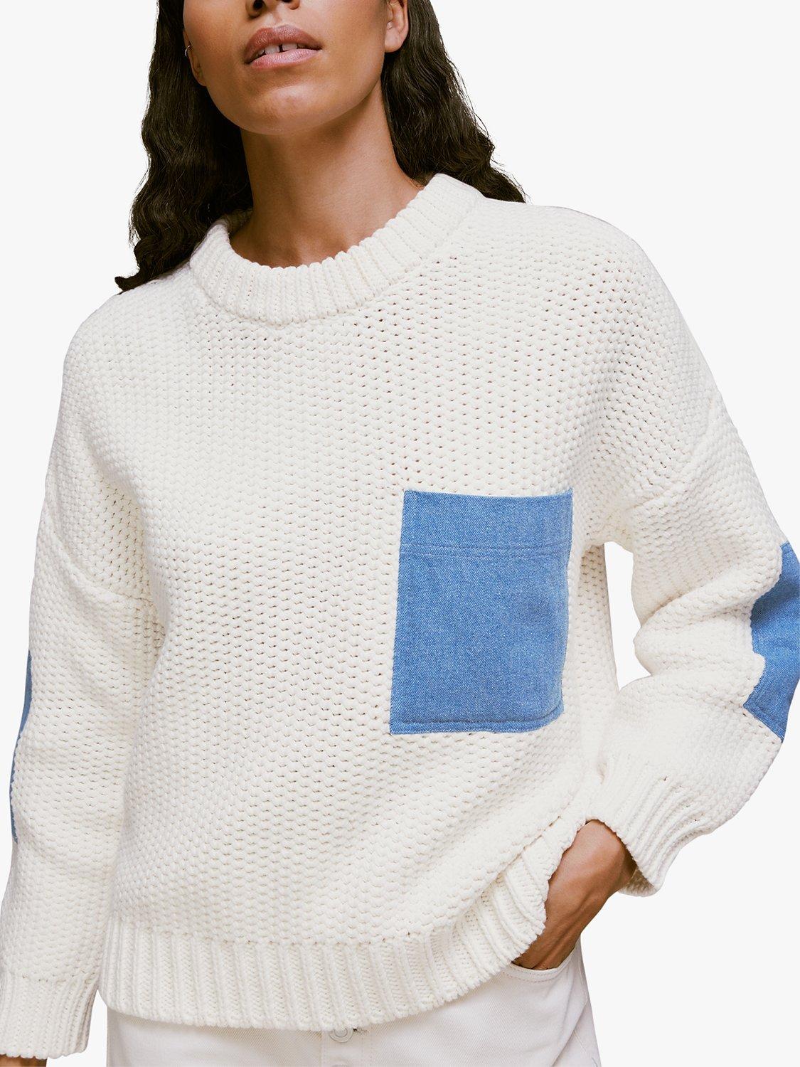 Whistles Denim Pocket Chunky Jumper, White/Multi