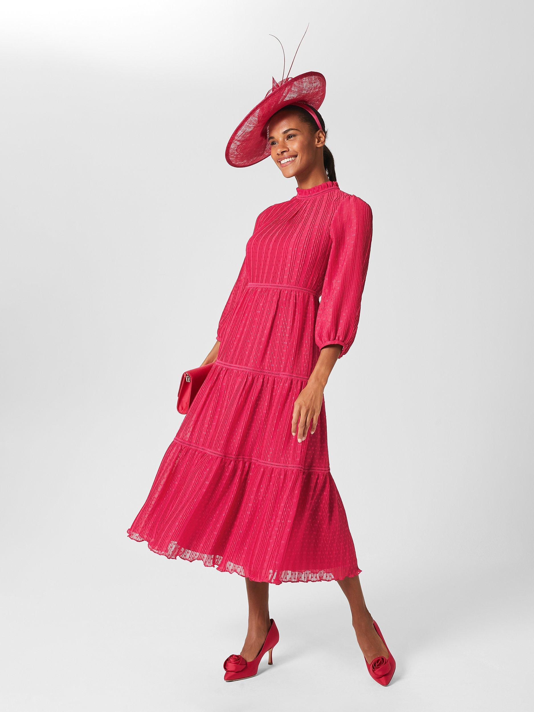 Product image 4 of 8, which shows Hobbs Colette Textured Midi Dress, Cerise Pink, 10