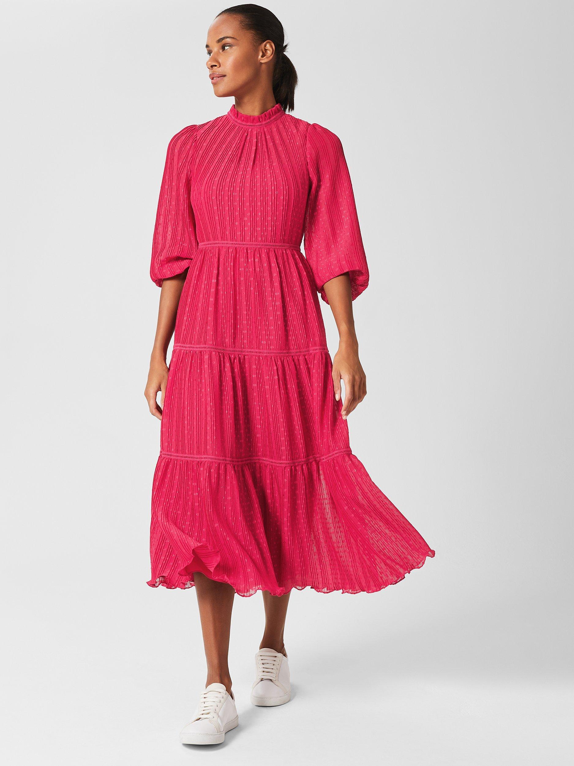 Product image 3 of 8, which shows Hobbs Colette Textured Midi Dress, Cerise Pink, 10