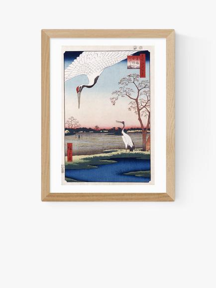 EAST END PRINTS Ando Hiroshige 'One Hundred Famous Views of Edo' Cranes Framed Print, Oak Frame