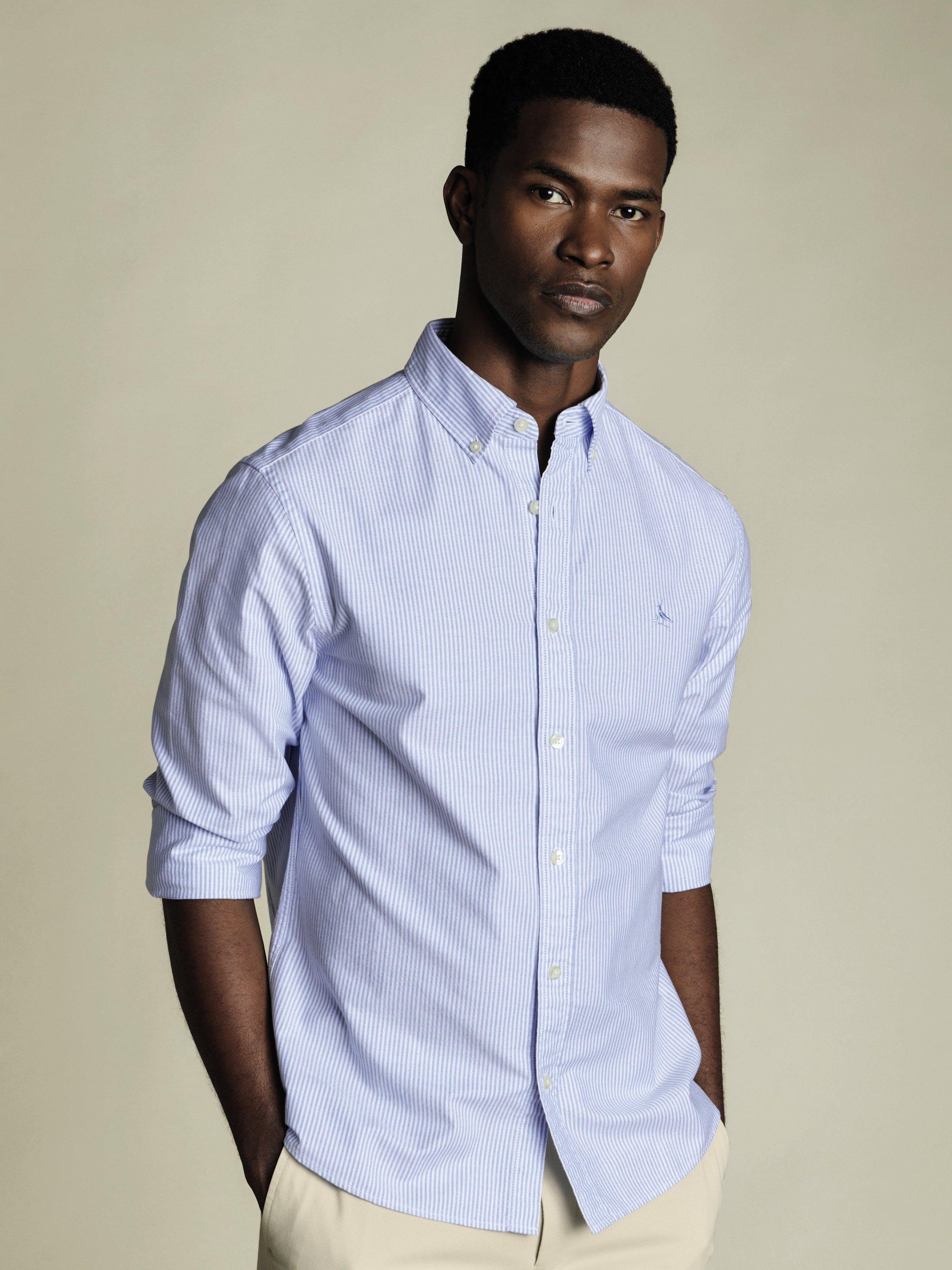 Product image 1 of 5, which shows Charles Tyrwhitt Button-Down Collar Washed Oxford Stripe Slim Fit Shirt, Ocean Blue, S