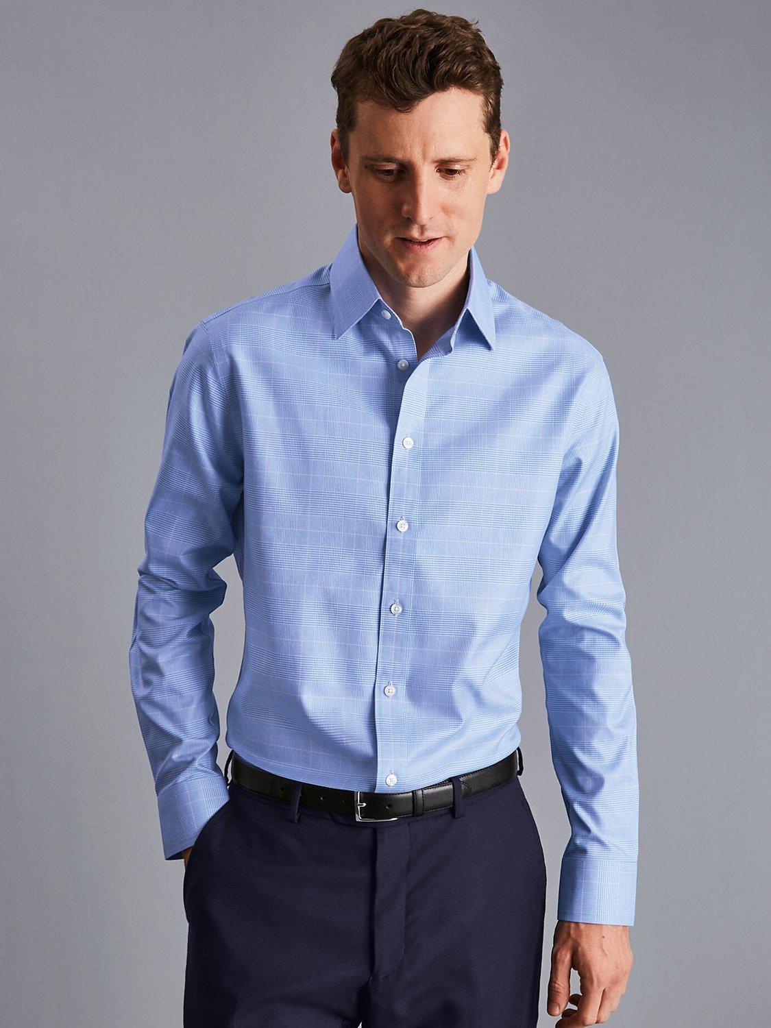 Product image 1 of 6, which shows Charles Tyrwhitt Non-Iron Prince of Wales Slim Fit Shirt, Ocean Blue, 15.5 34