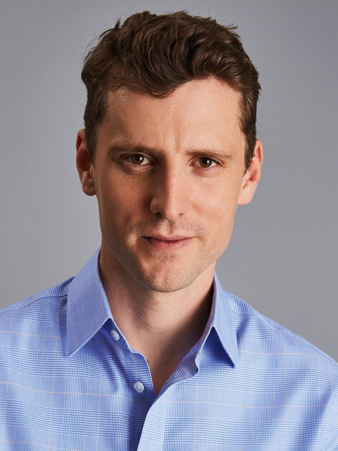 Product image 3 of 6, which shows Charles Tyrwhitt Non-Iron Prince of Wales Slim Fit Shirt, Ocean Blue, 15.5 34