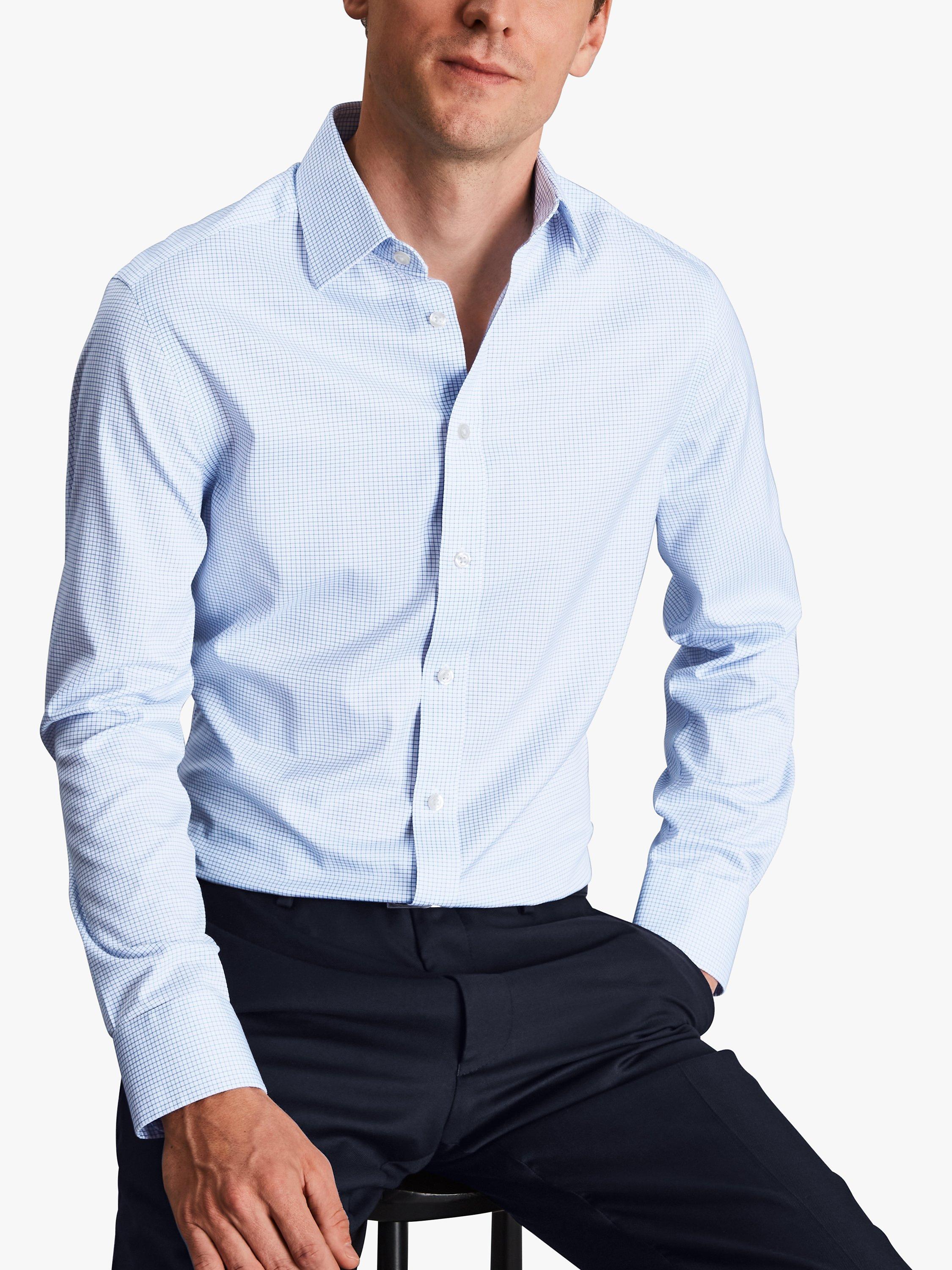Product image 1 of 6, which shows Charles Tyrwhitt Classic Collar Non-Iron Twill Mini Grid Slim Fit Shirt, Cornflower Blue, 15.5 34