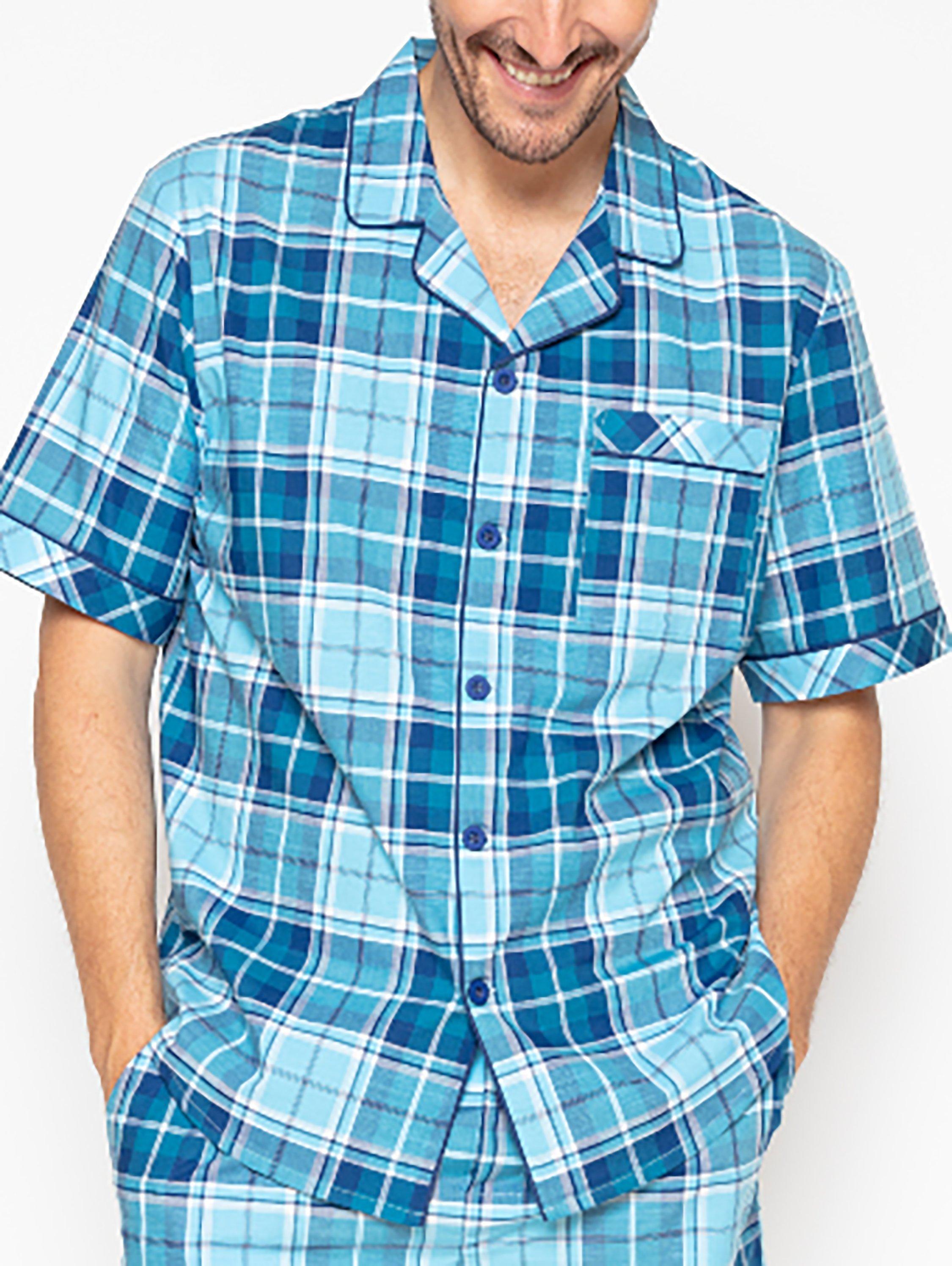Cyberjammies George Check Short Sleeve Cotton Pyjama Top, Blue Mix, S