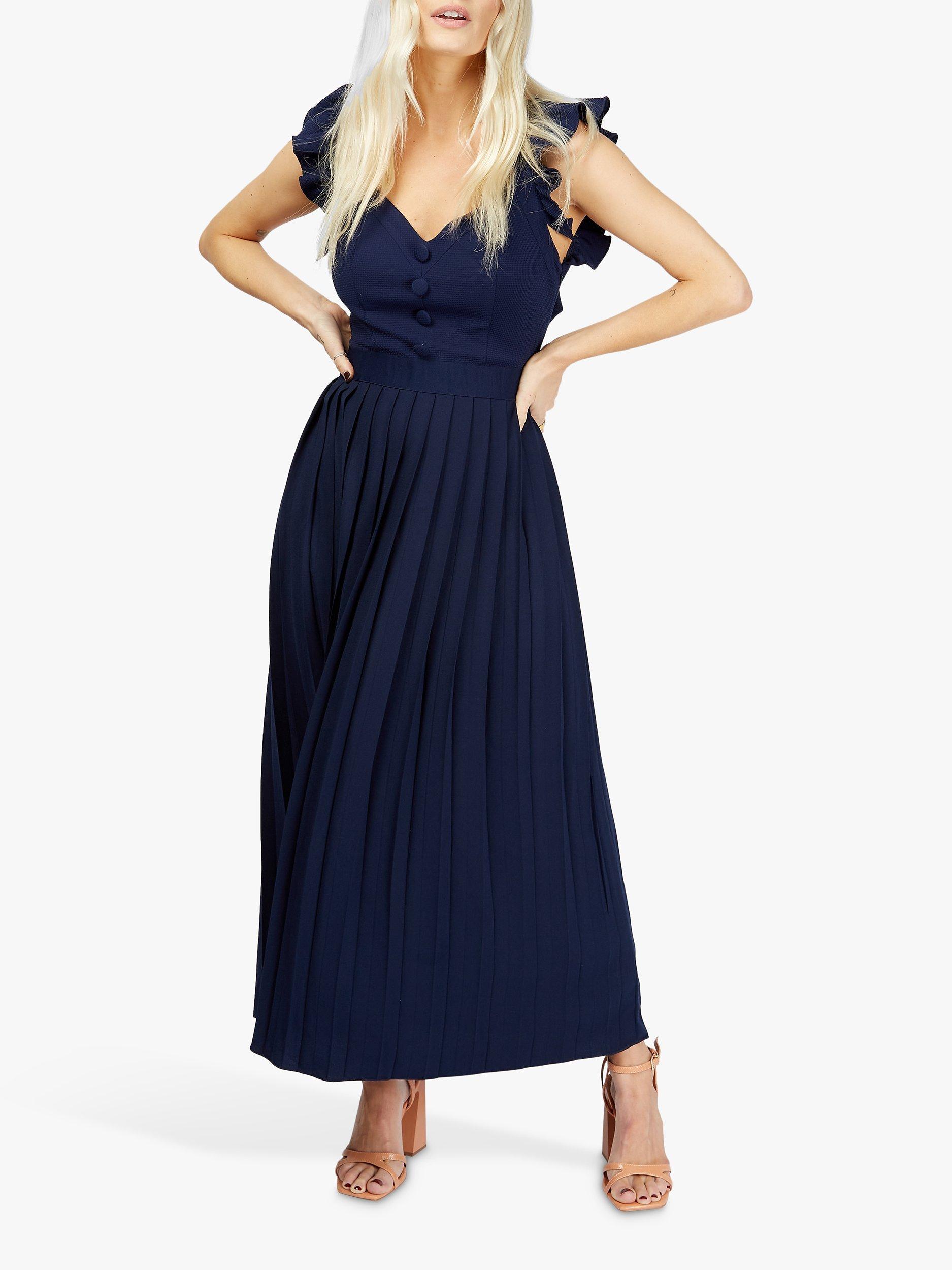 Little Mistress Waffle Pleated Maxi Dress, Navy