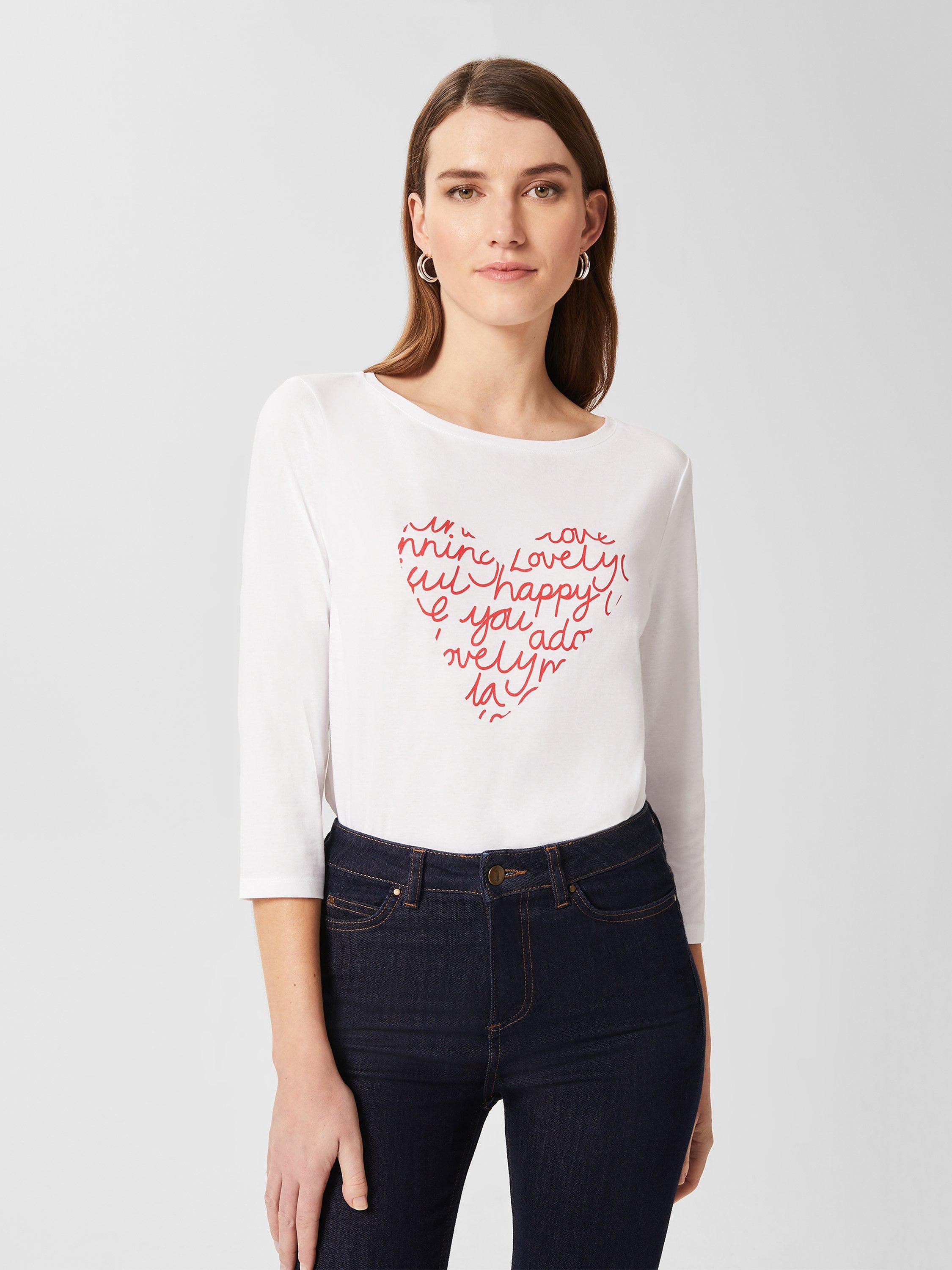 Hobbs Claudia Heart Long Sleeved T-Shirt, White/Geranium