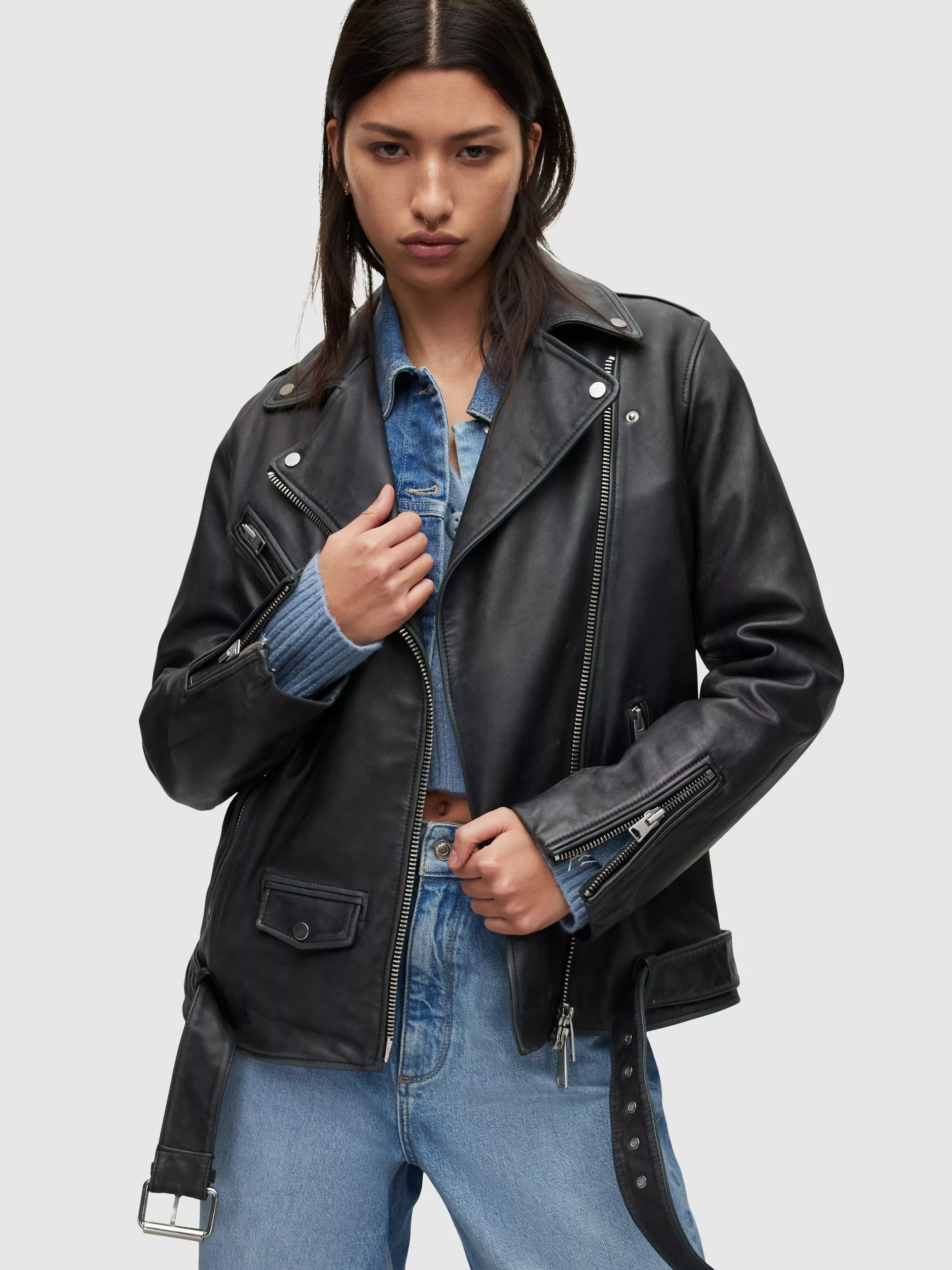 AllSaints Billie Leather Biker Jacket Black Silver Studs