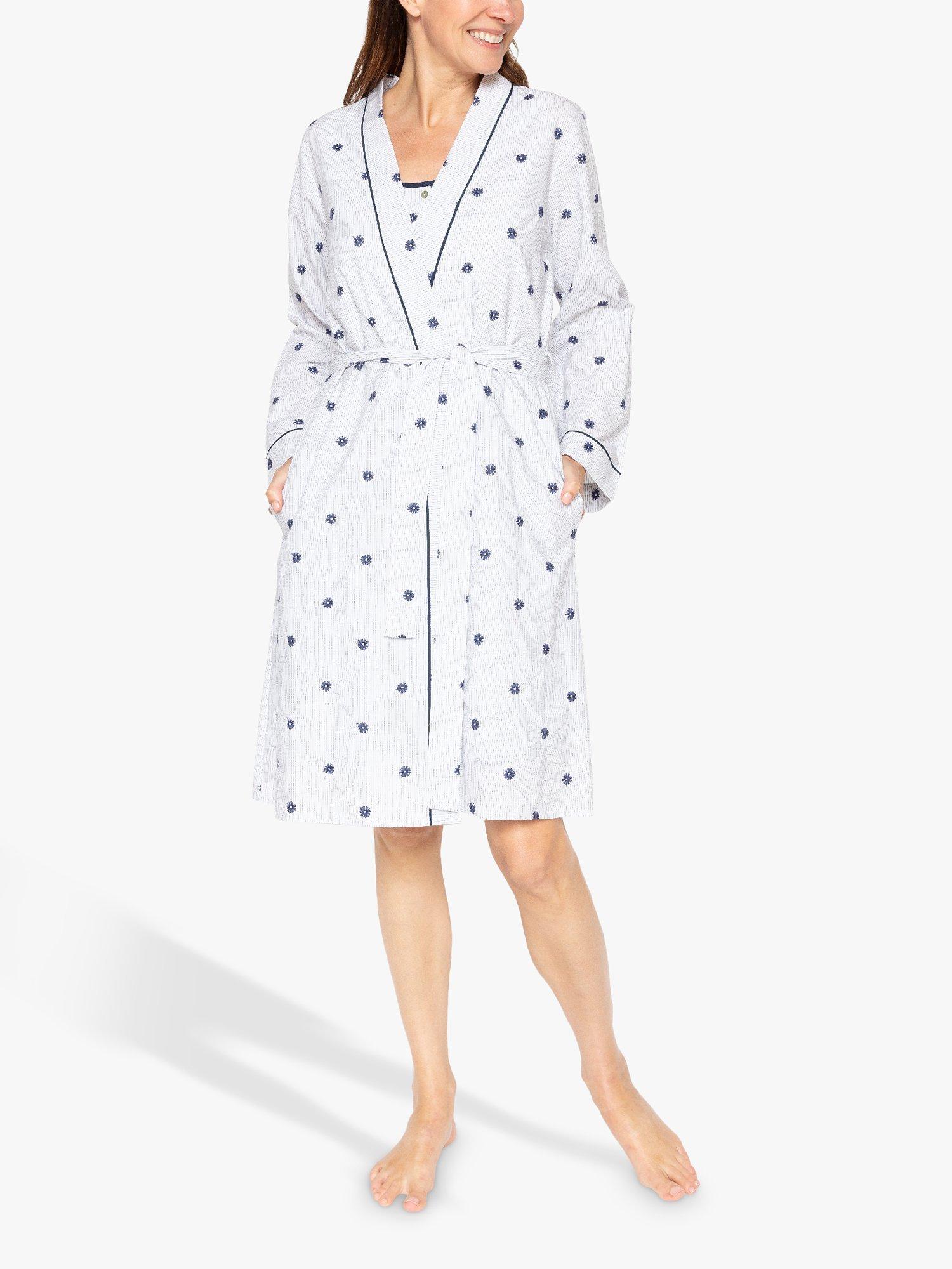 Product image 1 of 3, which shows Nora Rose by Cyberjammies Jolene Ditsy Floral Embroidered Dressing Gown, White/Navy, 8