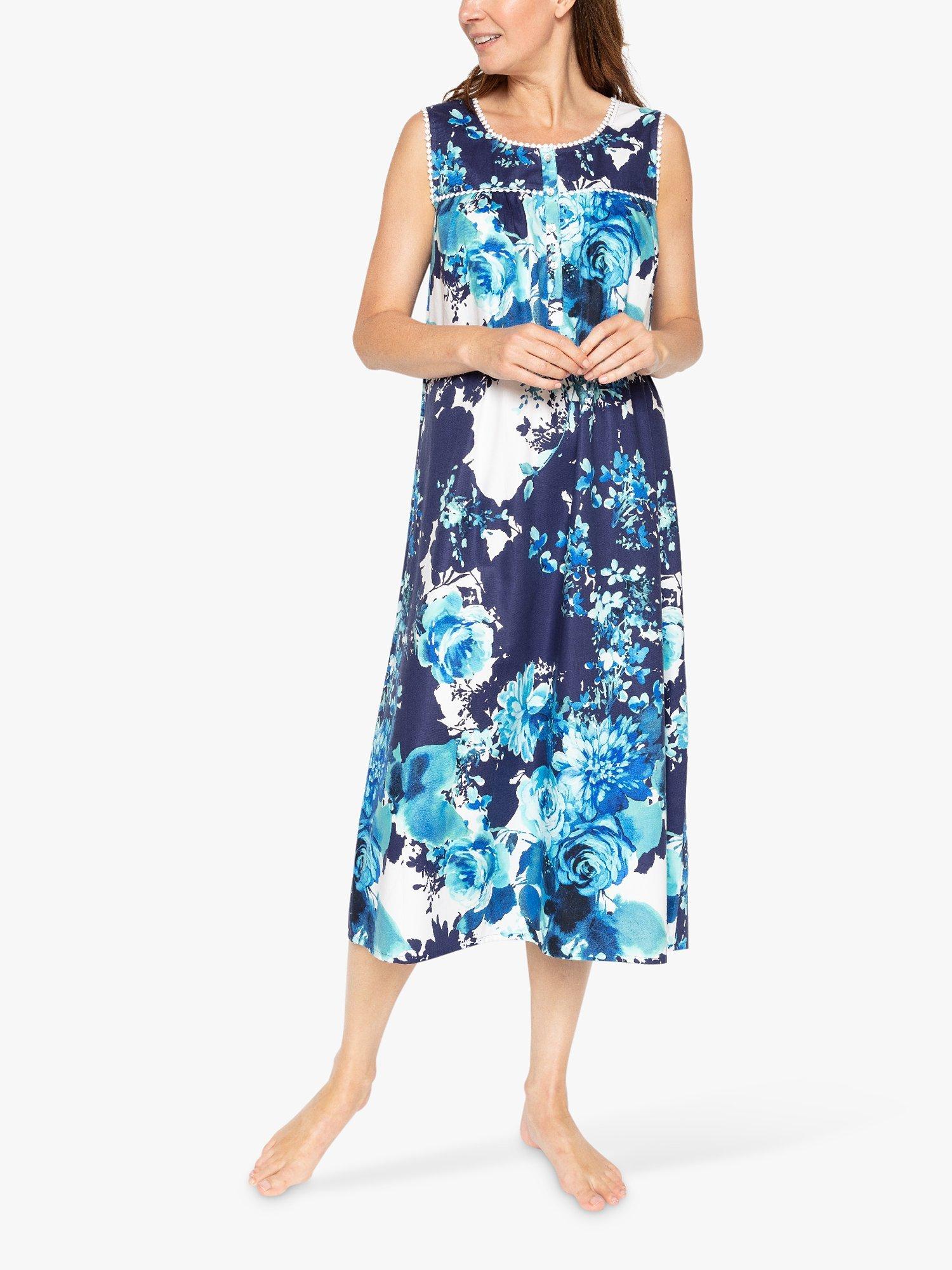 Product image 1 of 3, which shows Nora Rose by Cyberjammies Jolene Floral Print Maxi Nightdress, Blue/Navy, 8