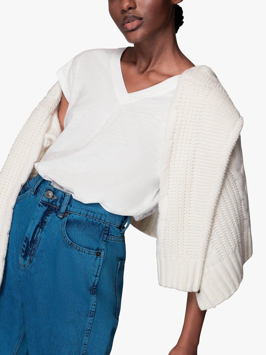 Product image 3 of 5, which shows Whistles Willa Organic Cotton V-Neck Cap Sleeve T-Shirt, White, XS