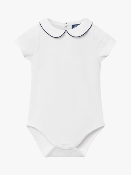 Trotters Thomas Brown Baby Milo Piped Short Sleeve Jersey Bodysuit, White/Navy