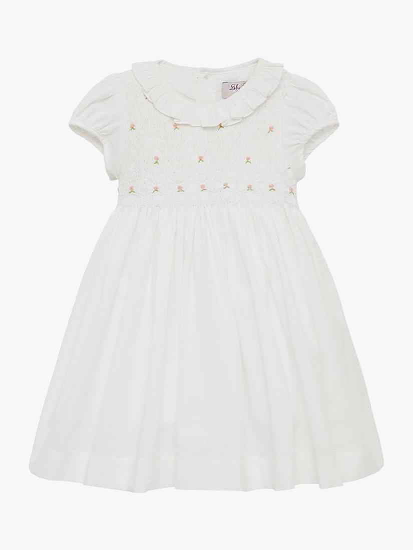 Product image 2 of 4, which shows Trotters Willow Kids Rose Hand-Smocked Dress, White, 12-18 months