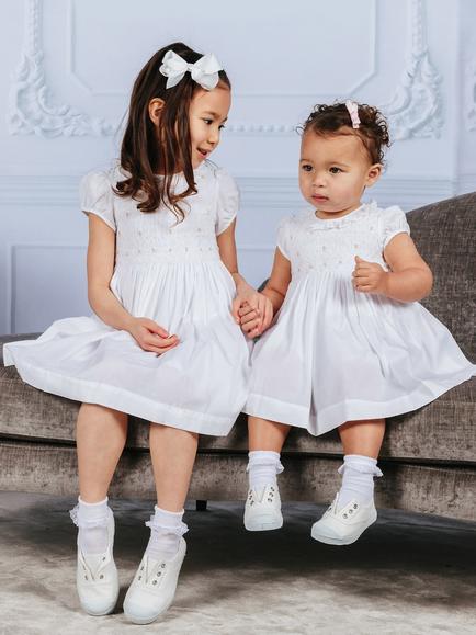 Trotters Willow Baby Hand Smocked Bodice Dress, White, White