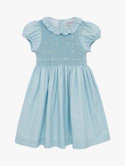 Trotters Lily Rose Kids' Lily Willow Rose Smock Front Occasion Dress, Cornflower Blue - view 2, Cornflower Blue