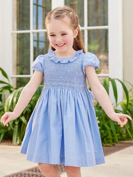 Trotters Lily Rose Kids' Lily Willow Rose Smock Front Occasion Dress, Cornflower Blue, Cornflower Blue