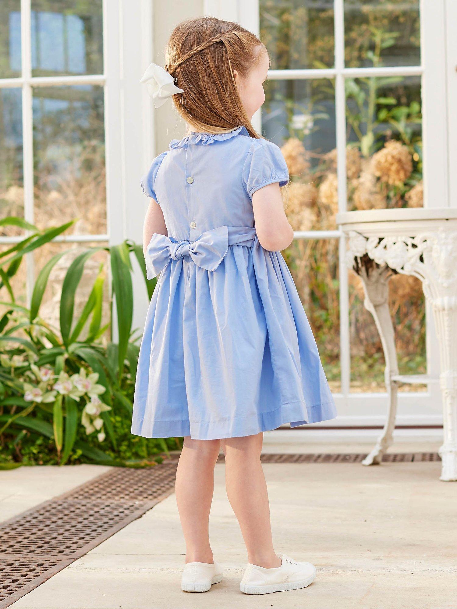 Trotters Lily Rose Kids Lily Willow Rose Smock Front Occasion Dress Cornflower Blue
