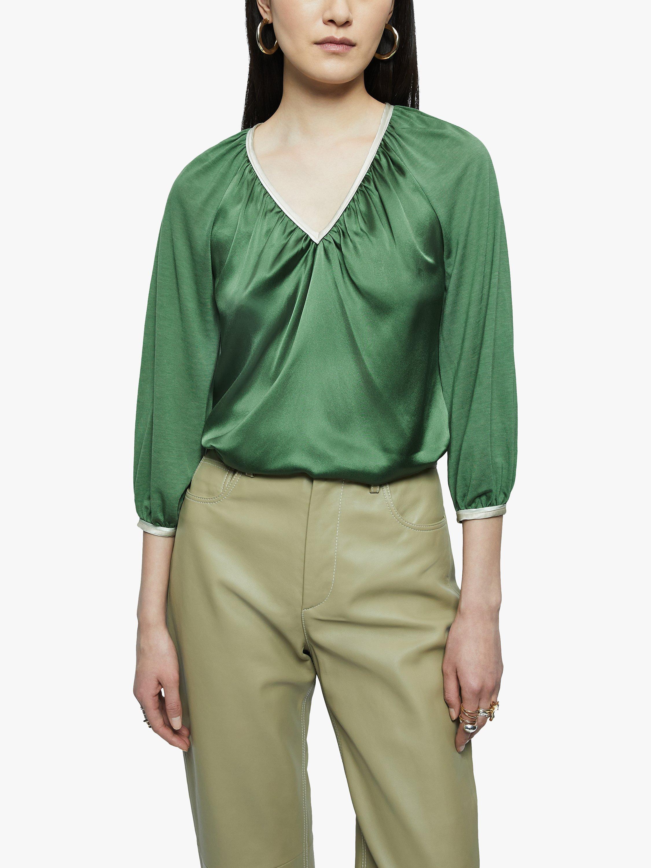 Product image 1 of 5, which shows Jigsaw Silk Front Contrast Trim V-Neck Top, Green, XS