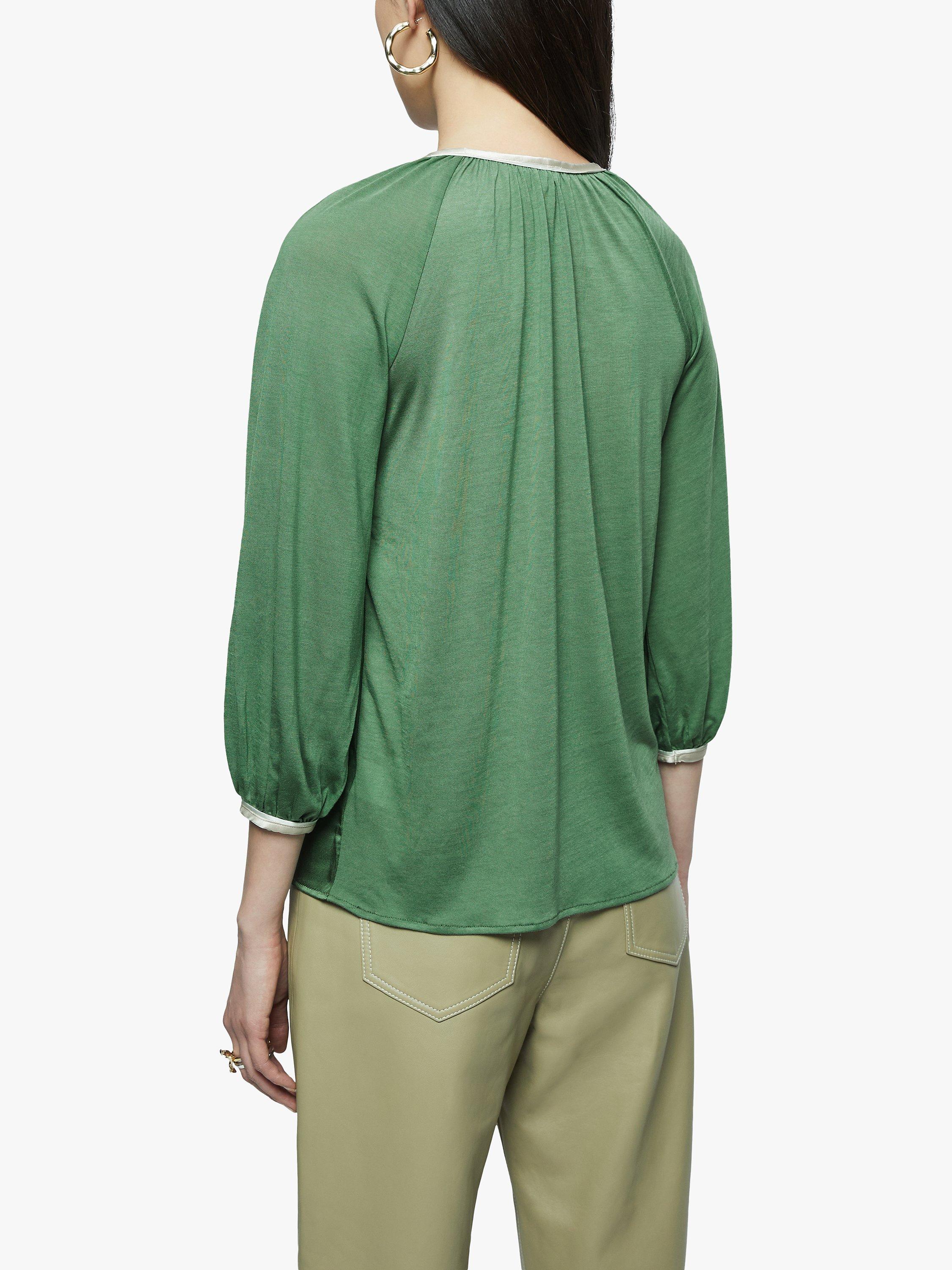 Product image 2 of 5, which shows Jigsaw Silk Front Contrast Trim V-Neck Top, Green, XS