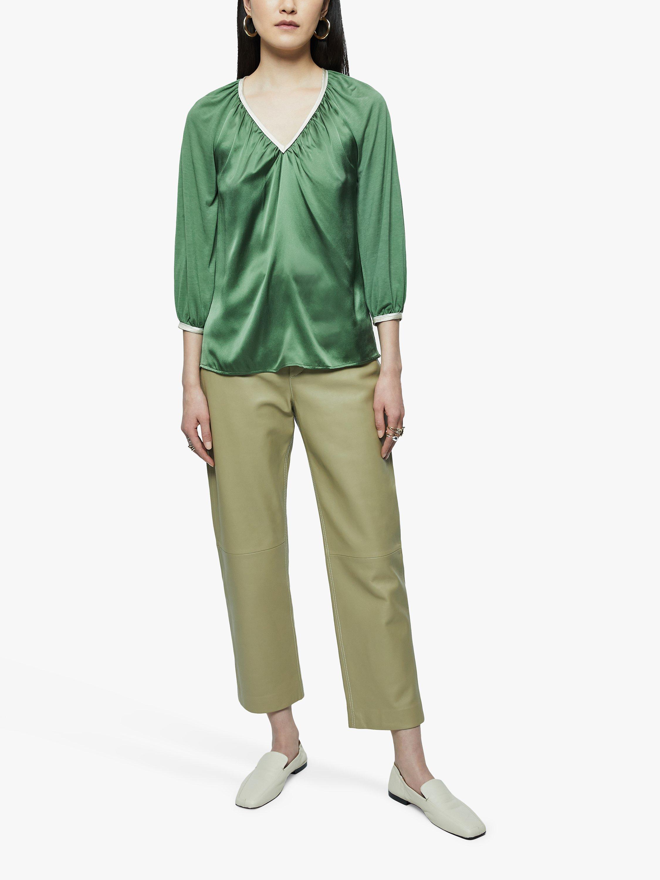 Product image 3 of 5, which shows Jigsaw Silk Front Contrast Trim V-Neck Top, Green, XS