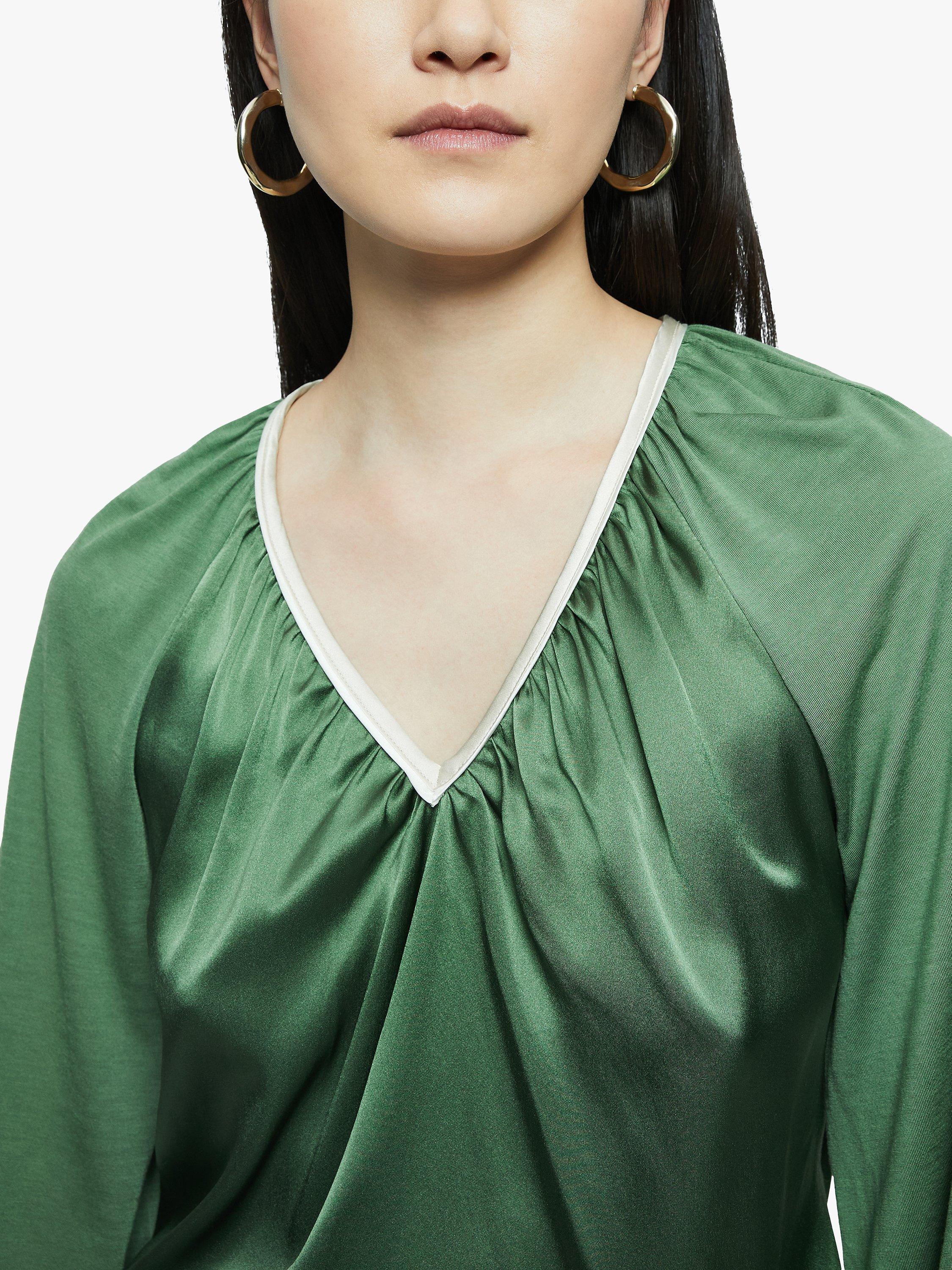 Product image 4 of 5, which shows Jigsaw Silk Front Contrast Trim V-Neck Top, Green, XS