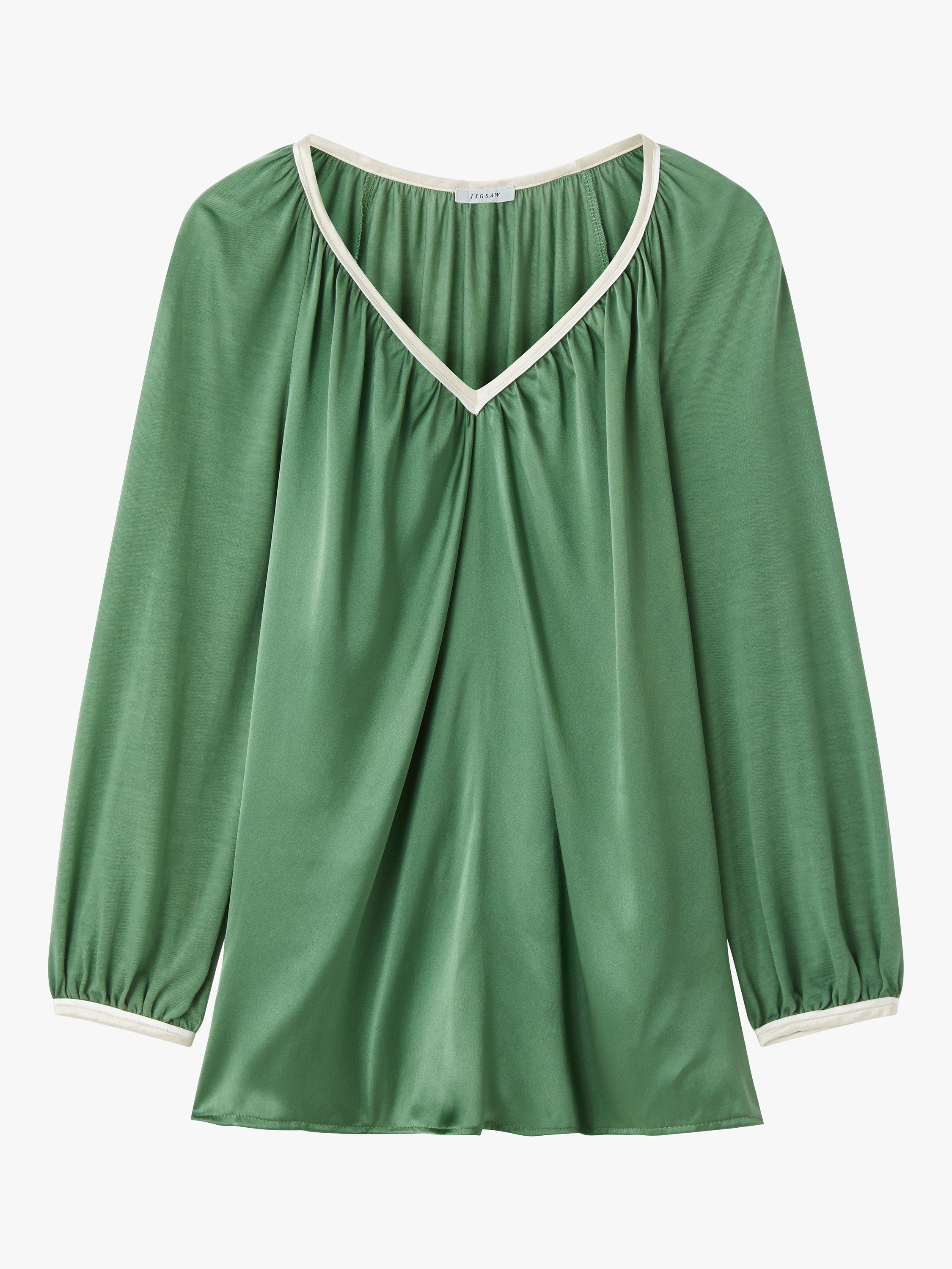 Product image 5 of 5, which shows Jigsaw Silk Front Contrast Trim V-Neck Top, Green, XS