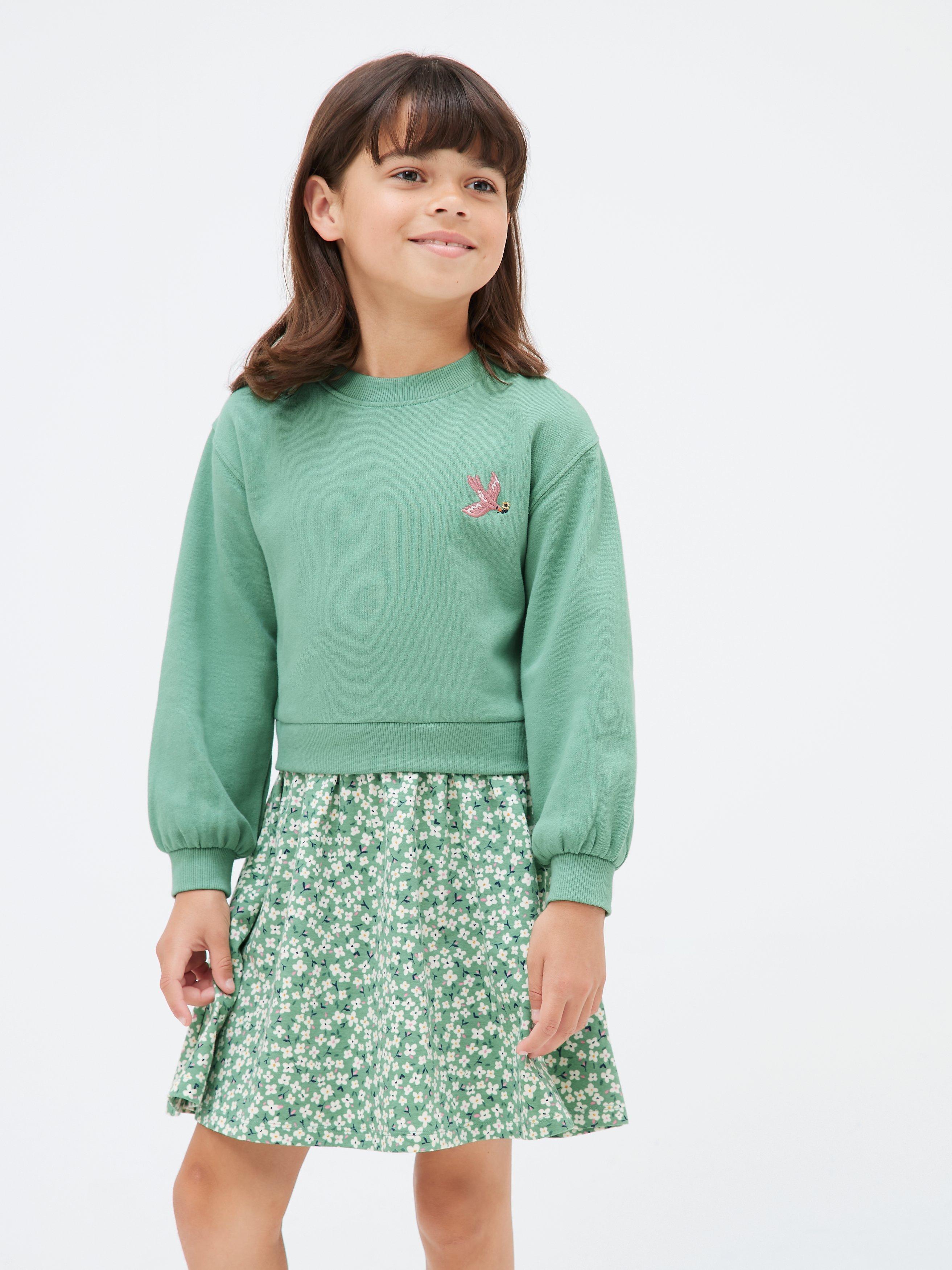 John Lewis Kids' Floral Skirt Sweatshirt Dress, Green