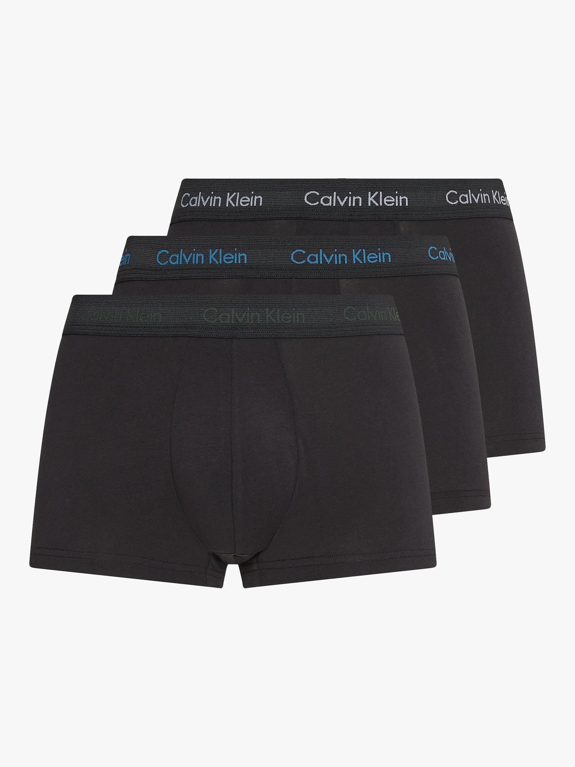 Product image 1 of 6, which shows Calvin Klein Cotton Blend Trunks, Pack of 3, Grey/Grey/Teal, XS