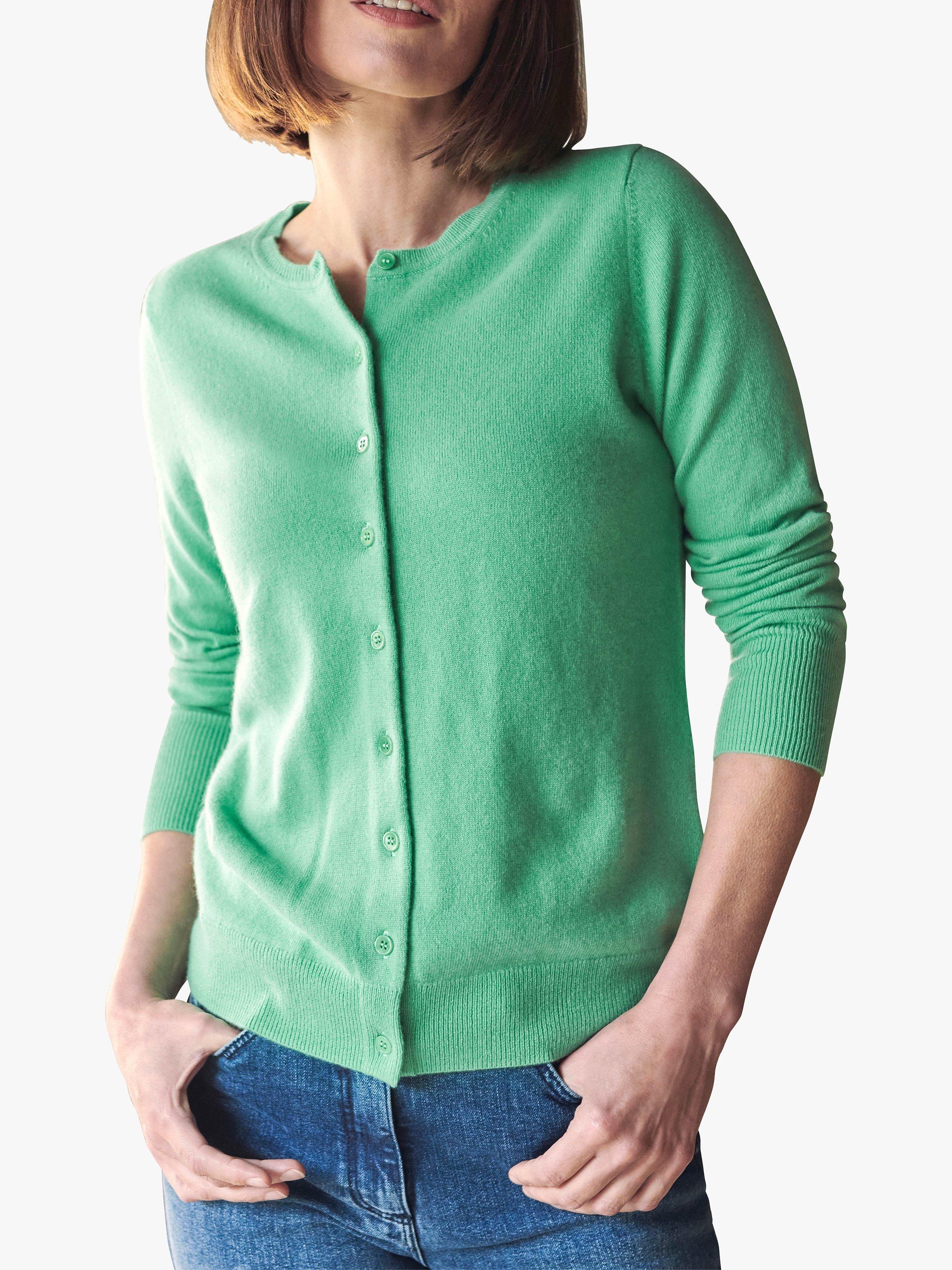Product image 1 of 2, which shows Pure Collection Cashmere Crew Neck Cardigan, Mint Leaf, 8