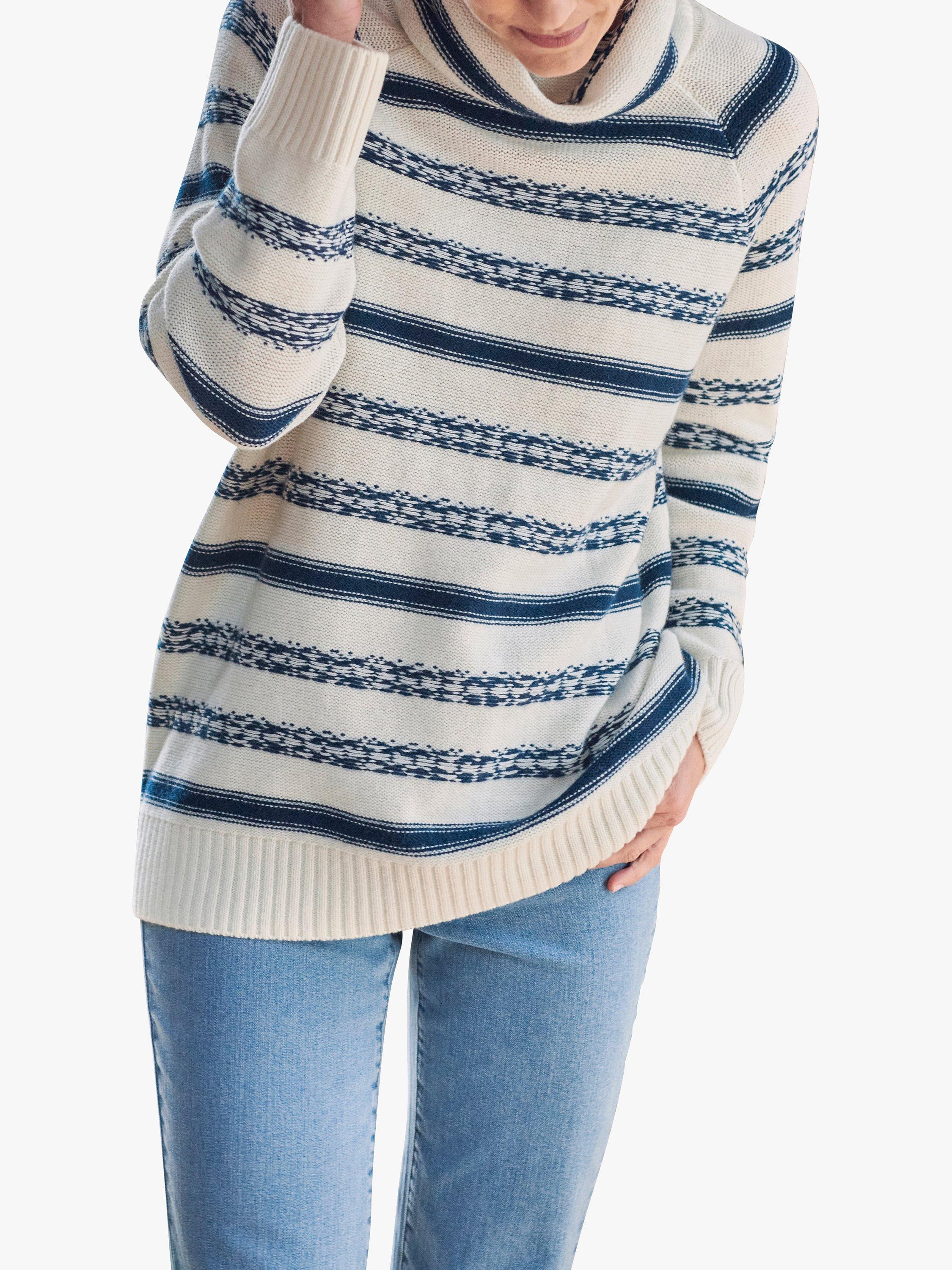 Pure Collection Cowl Neck Wool and Cashmere Striped Jumper, French Navy/Ivory