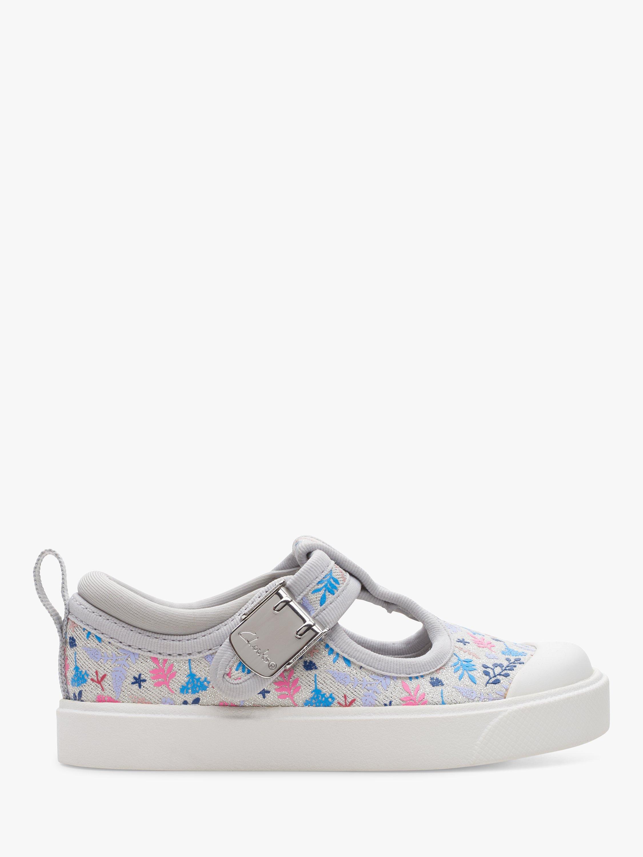 Product image 1 of 7, which shows Clarks Kids' City Dance T-Bar Shoes, Silver, 4F Jnr