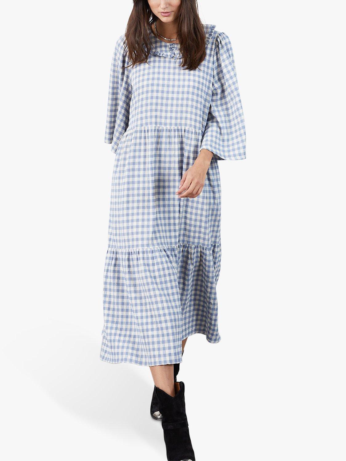 Lollys Laundry Sonya Checked Tiered Midi Dress, Dusty Blue, M