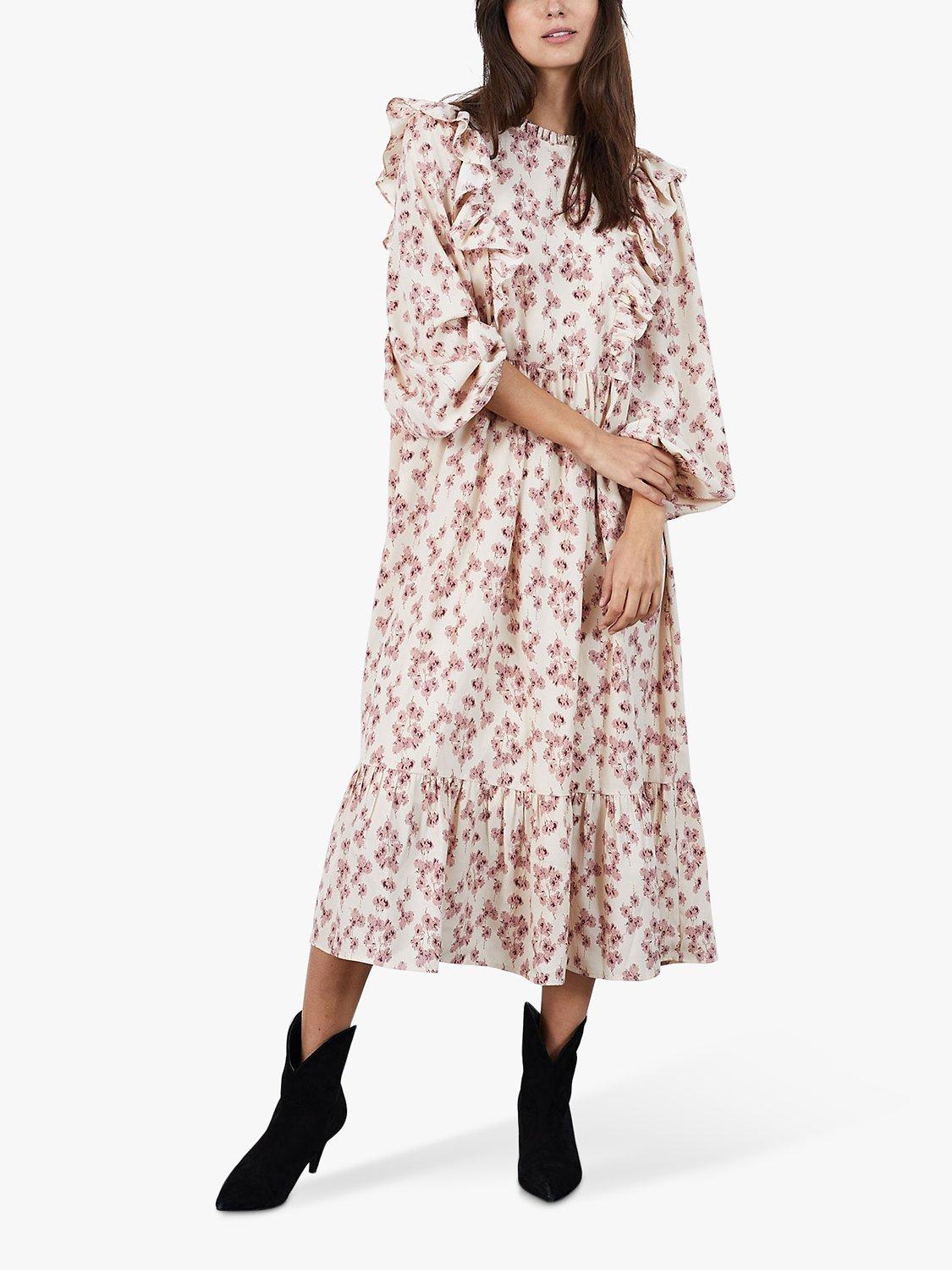 Lollys Laundry Cana Floral Print Tiered Hem Midi Skirt, Creme
