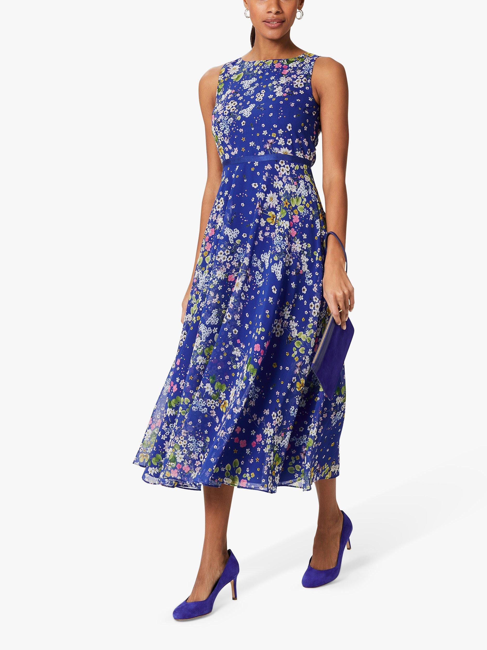 Hobbs Carly Floral Print Midi Dress, Cobalt Blue