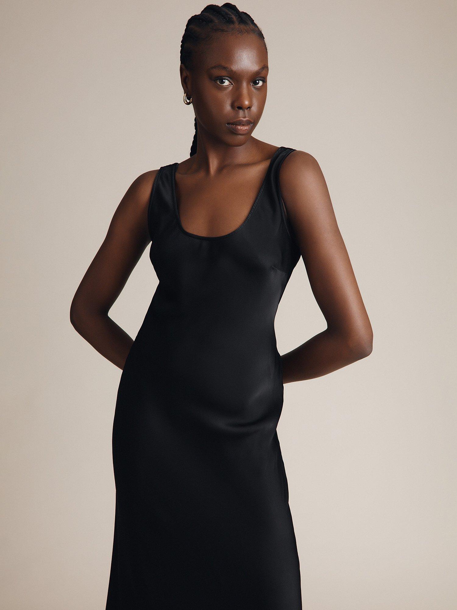 Product image 4 of 4, which shows Ghost Palm Satin Slip Midi Dress, Black, XS