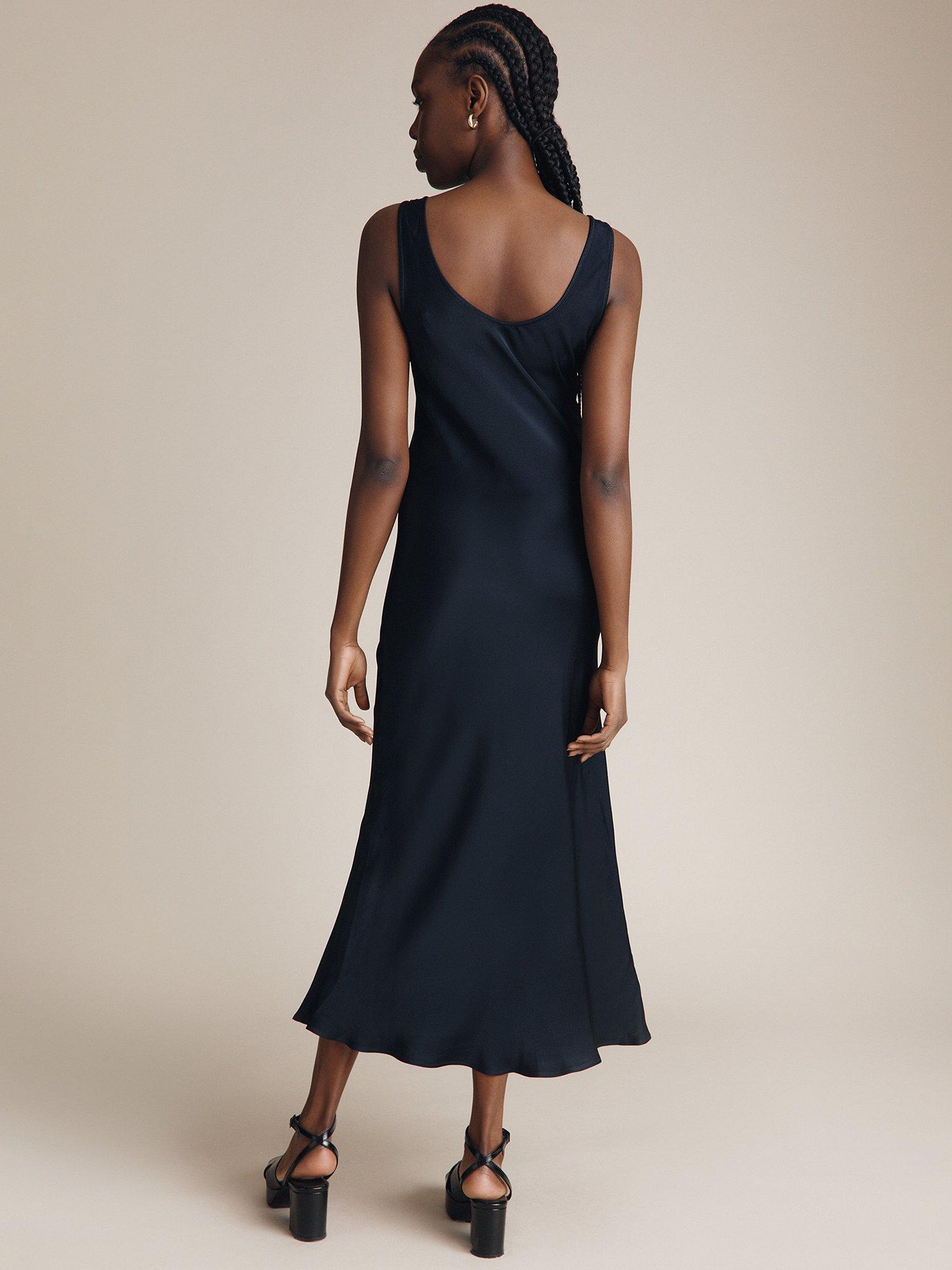 Product image 2 of 4, which shows Ghost Palm Satin Slip Midi Dress, Navy, XXS