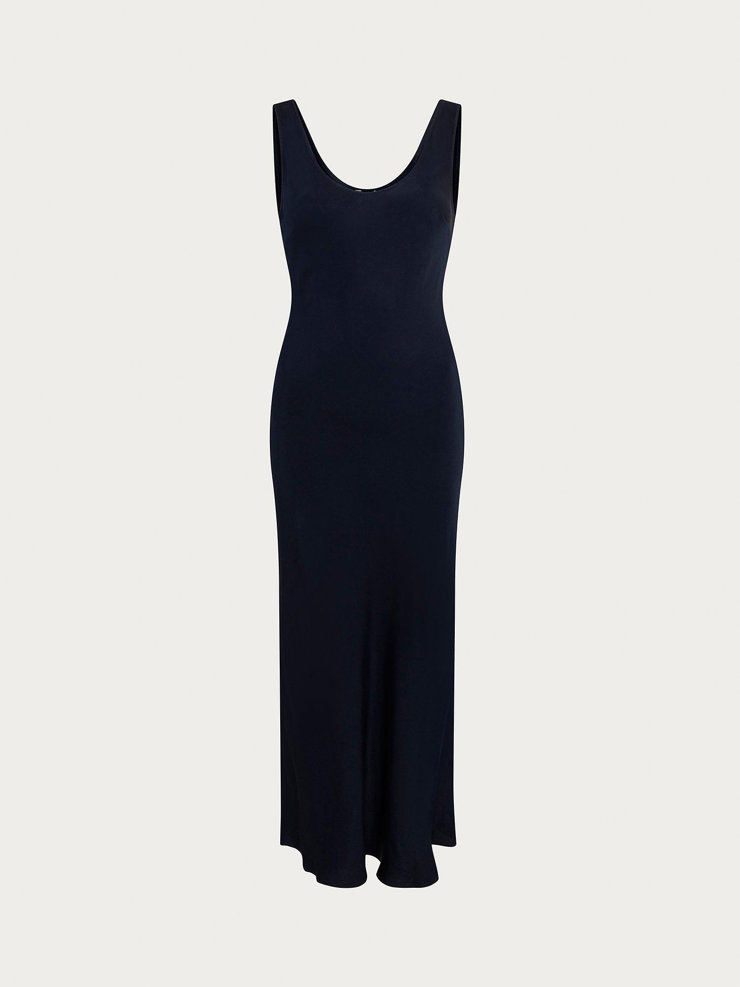 Product image 3 of 4, which shows Ghost Palm Satin Slip Midi Dress, Navy, XXS
