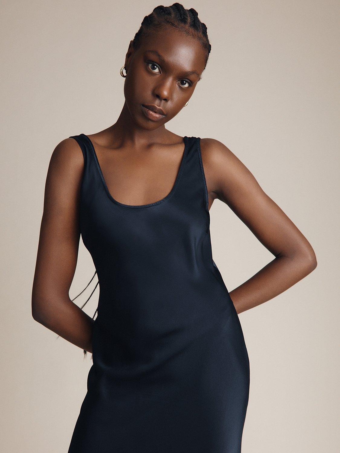 Product image 4 of 4, which shows Ghost Palm Satin Slip Midi Dress, Navy, XXS
