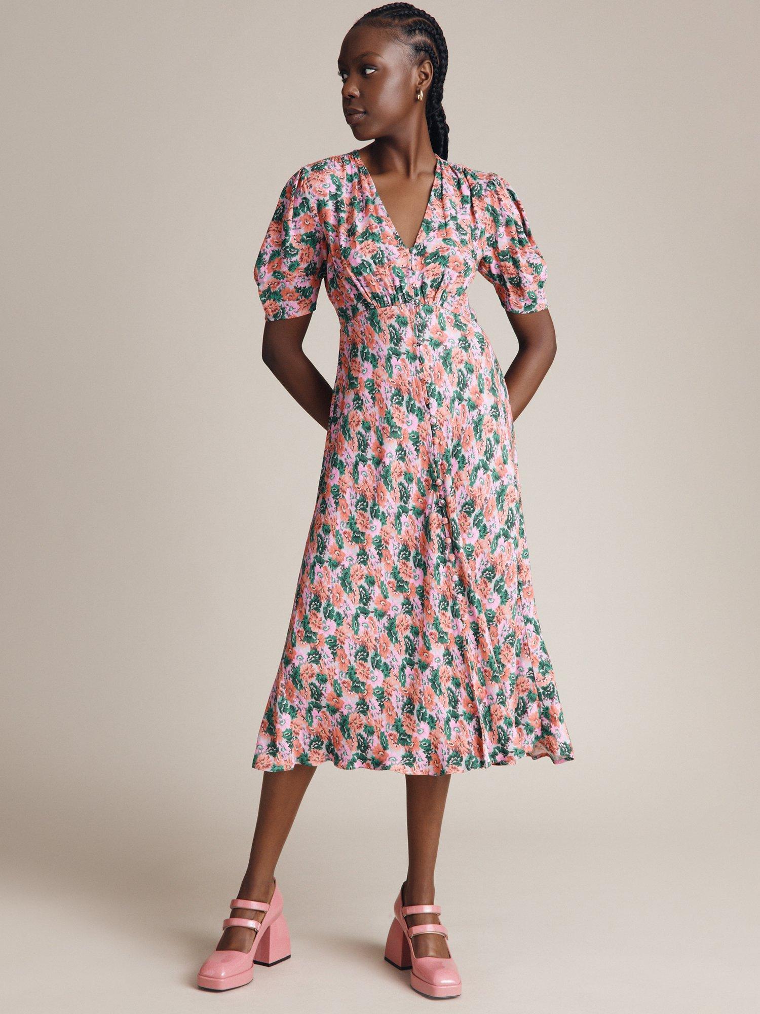 Ghost Lucy Floral Print Dress, Coral Misty Bloom, S