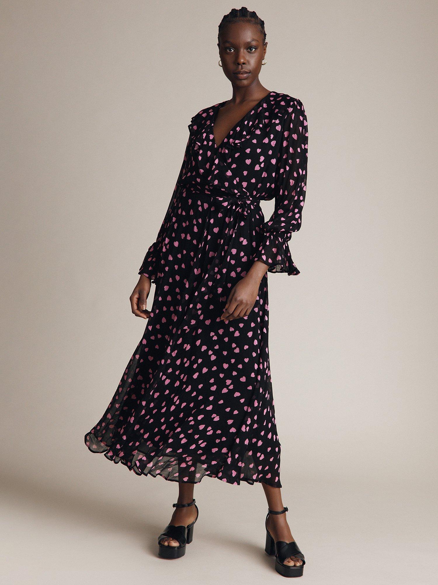 Ghost Su Heart Print Wrap Dress, Black