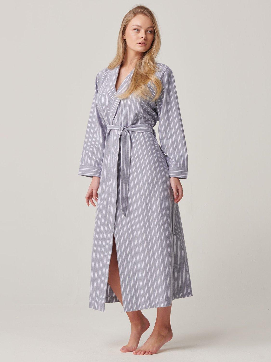 Product image 3 of 5, which shows British Boxers Westwood Stripe Brushed Cotton Dressing Gown, Pebble Grey/White, XS