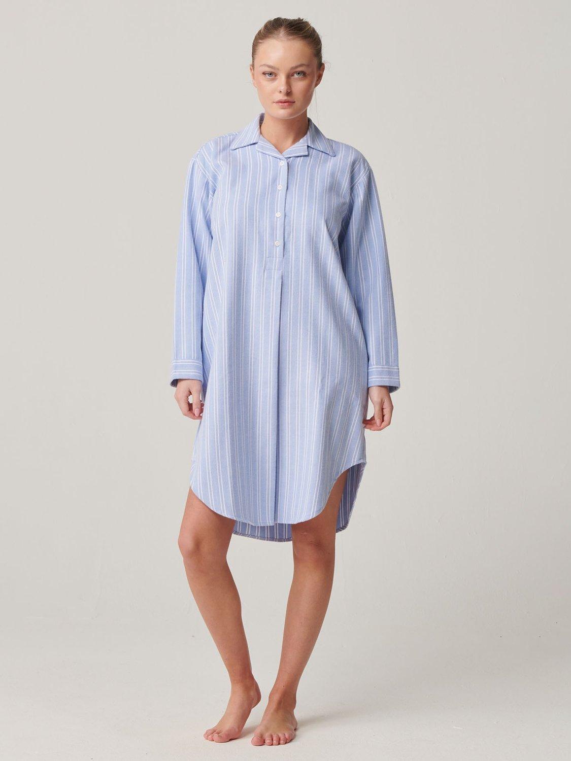 Product image 1 of 5, which shows British Boxers Westwood Stripe Brushed Cotton Nightshirt, Blue/White, XS
