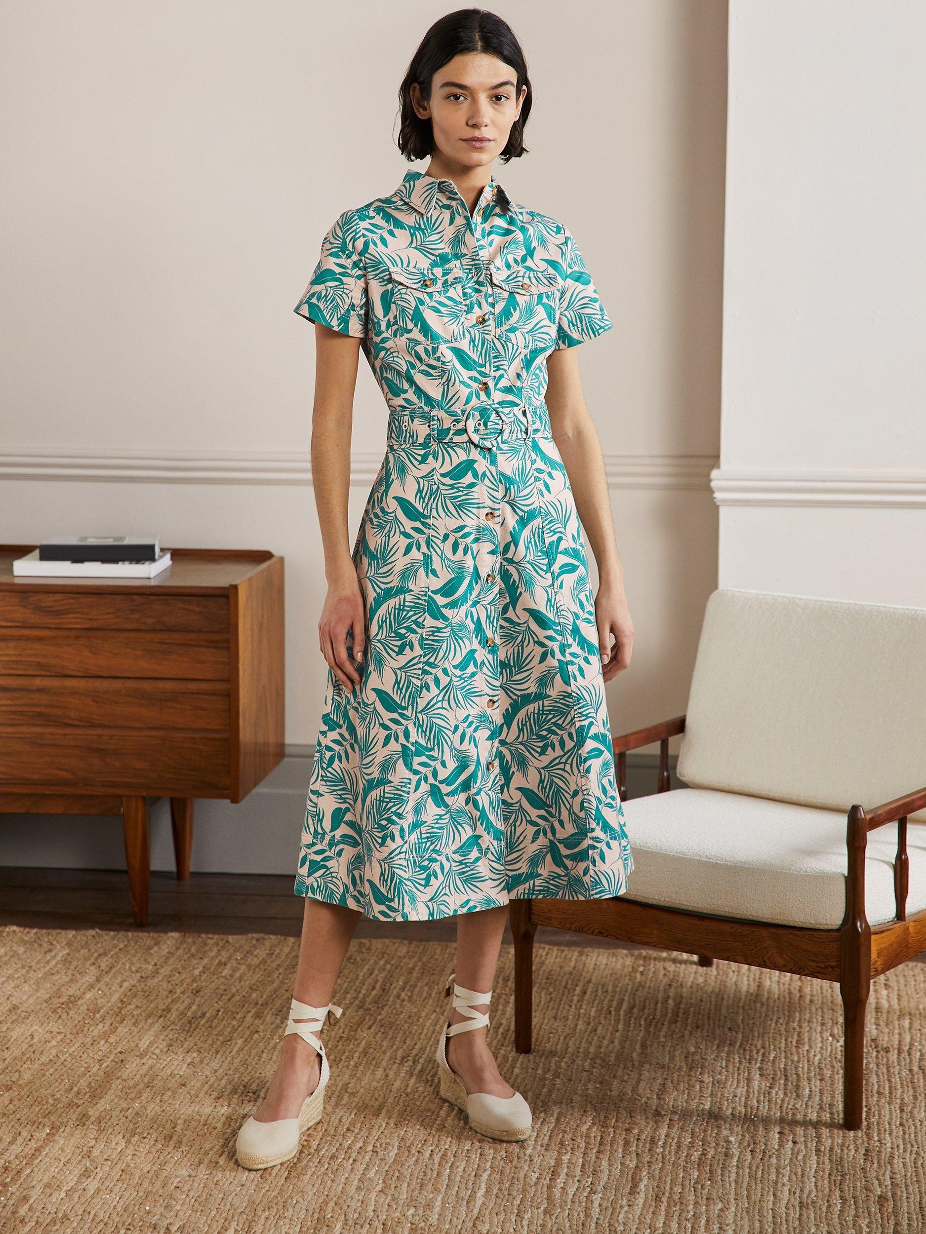 Boden Tropical Palm Print Belt Midi Shirt Dress