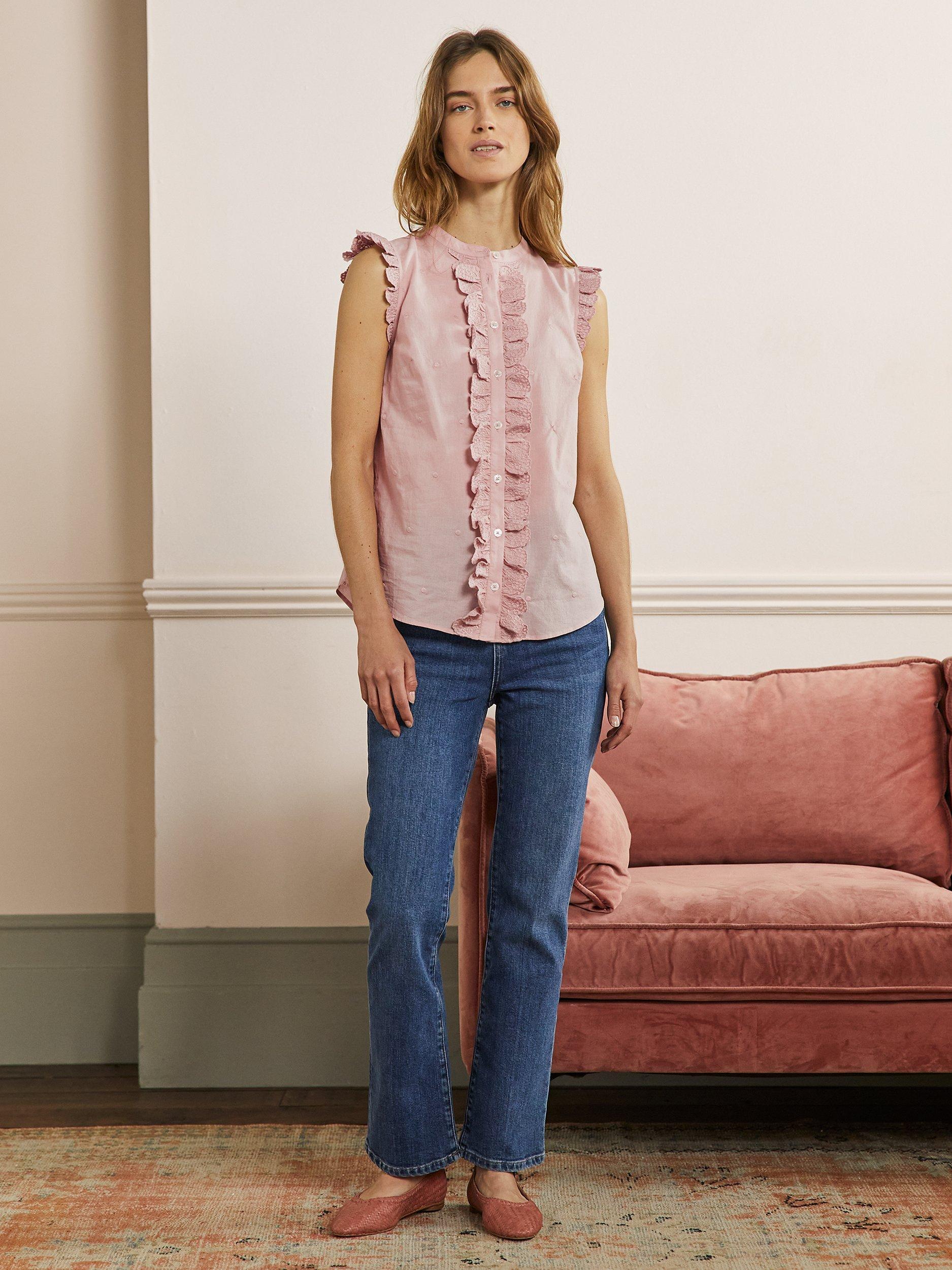 Boden Cotton Embroidered Frill Sleeveless Shirt, Milkshake