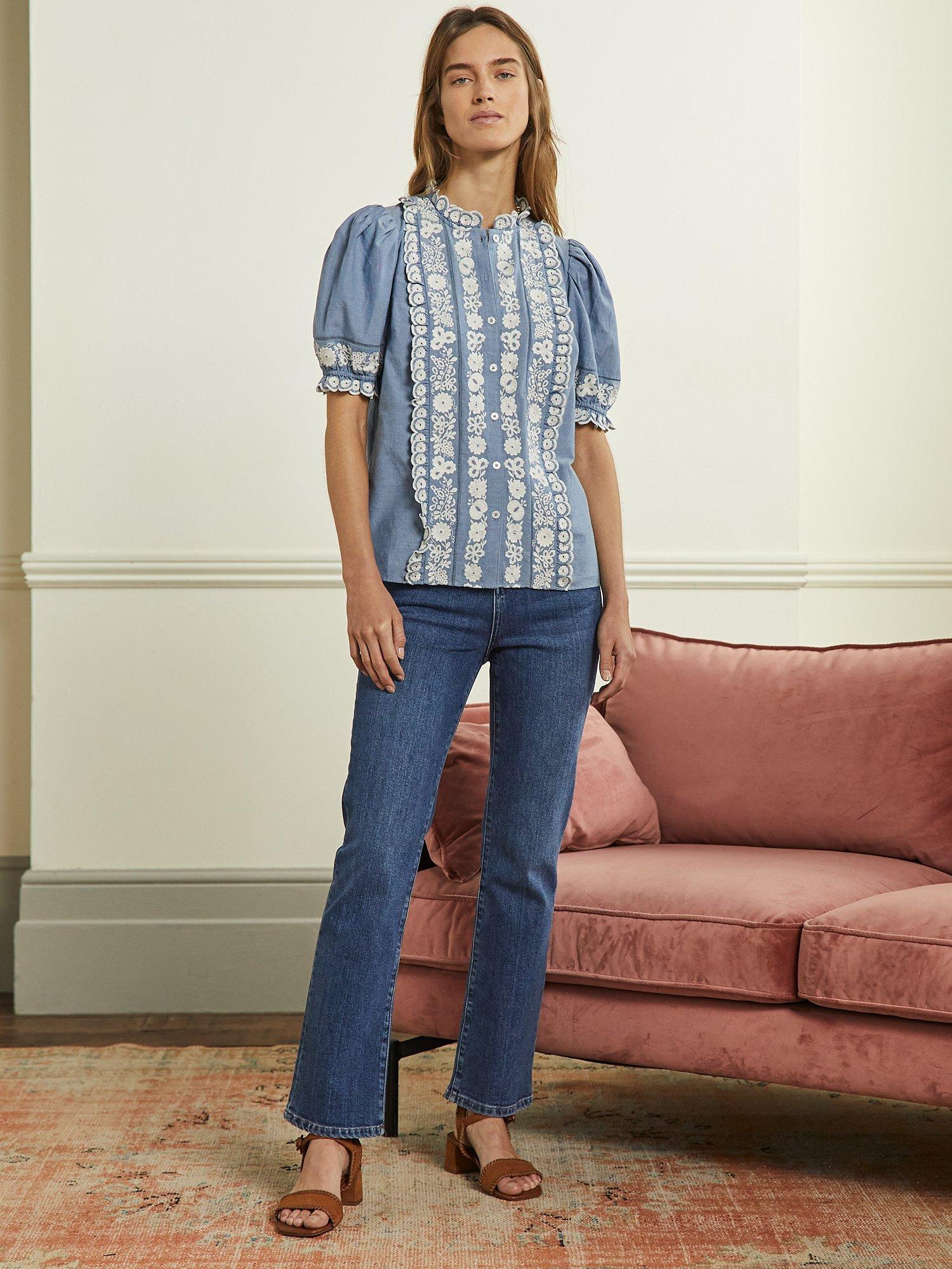 Boden Embroidered Puff Sleeve Shirt, Chambray