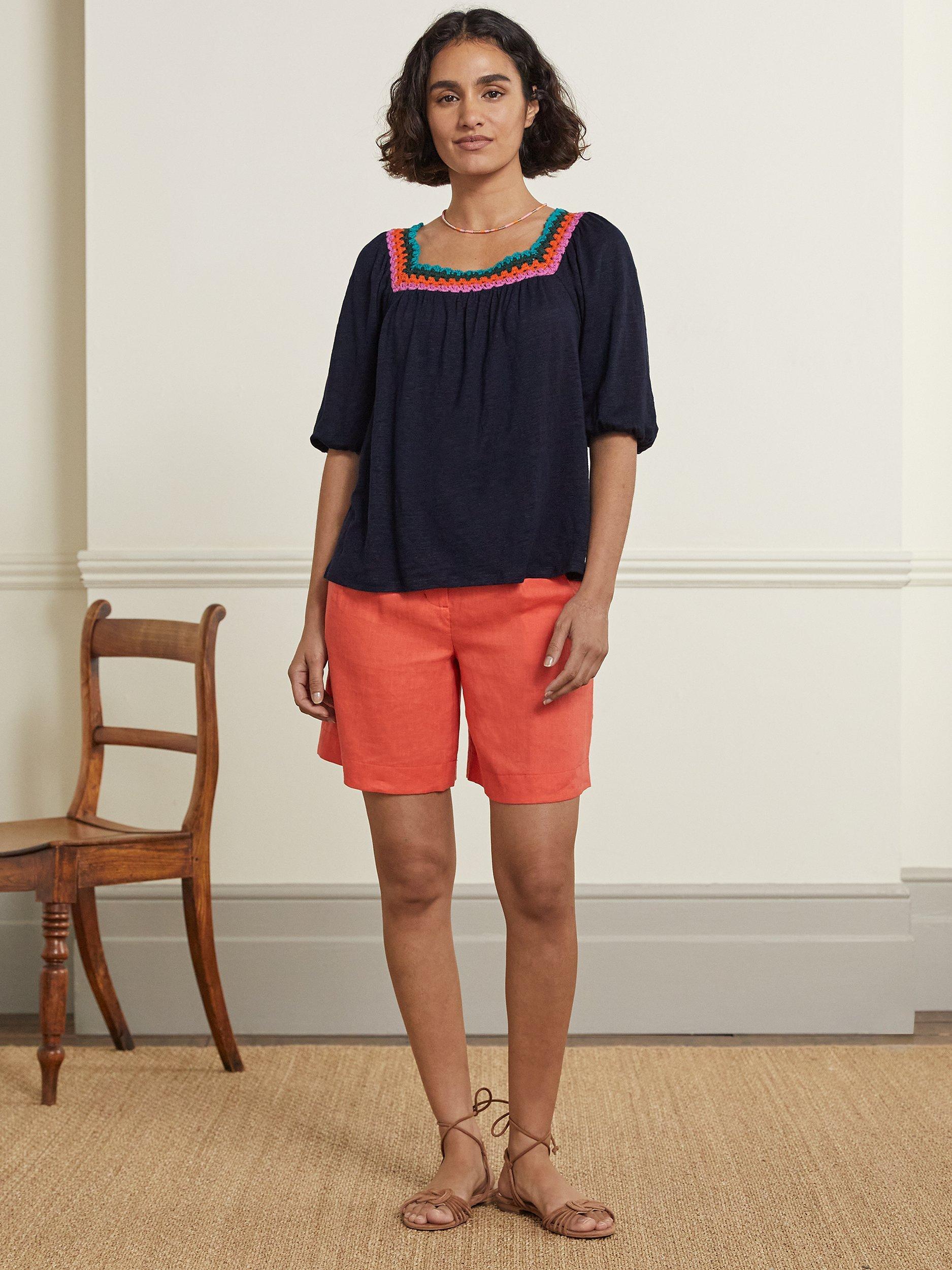 Boden Crochet Trim Square Neck Linen Top, Navy