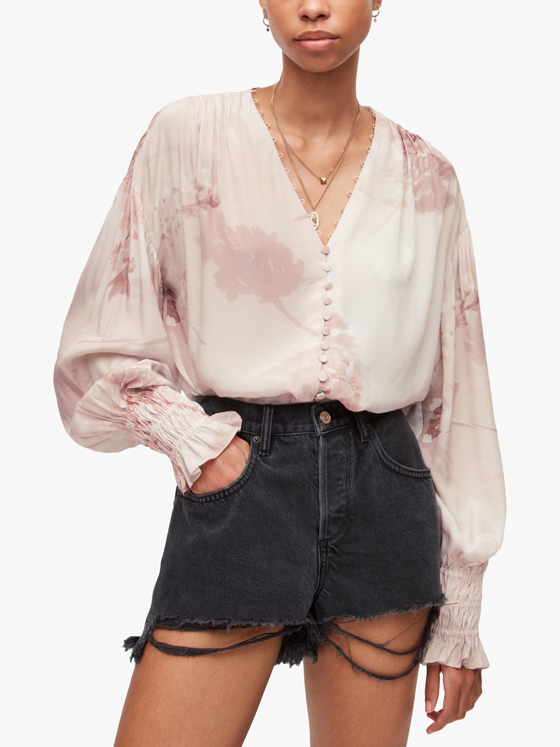 Product image 1 of 6, which shows AllSaints Stella Ume Floral Blouse, Petal Pink, 6