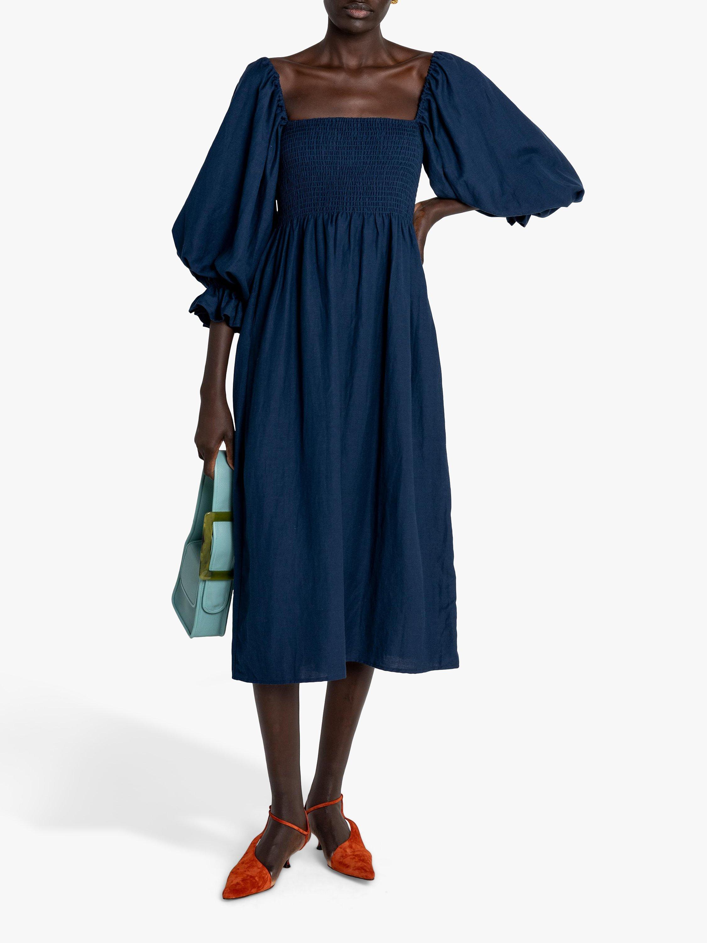 o.p.t Athena Puff Sleeve Linen Blend Midi Dress, Navy