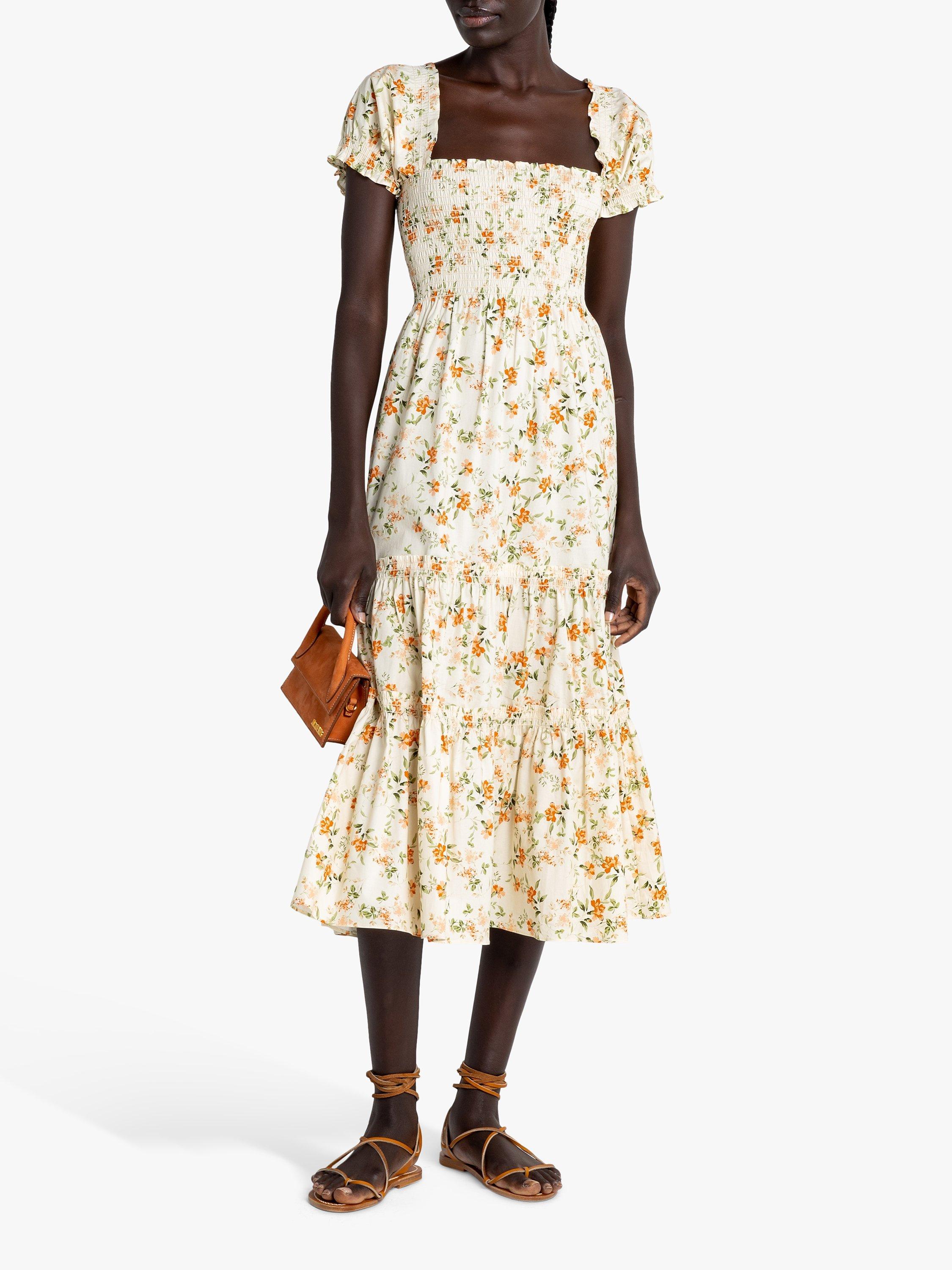o.p.t Daphne Floral Print Tiered Midi Dress, Yellow/Multi