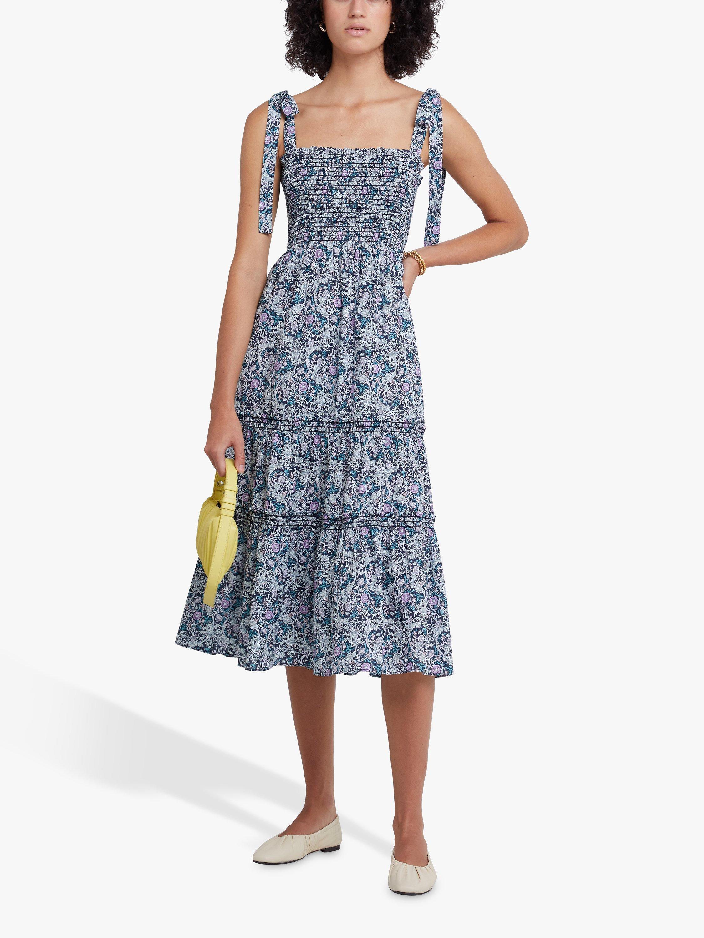 o.p.t Cara Floral Print Smock Bodice Tiered Midi Dress, Blue/Multi